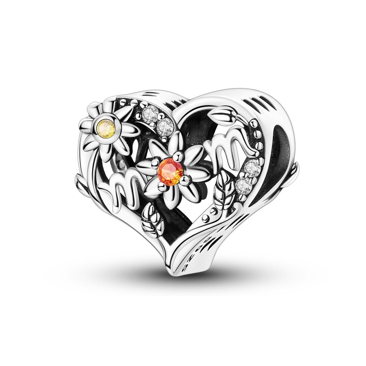 PANDACHARMS Bead MOM Blütenherz Charm für Charm Armband, 925er Silber, Zirkonia