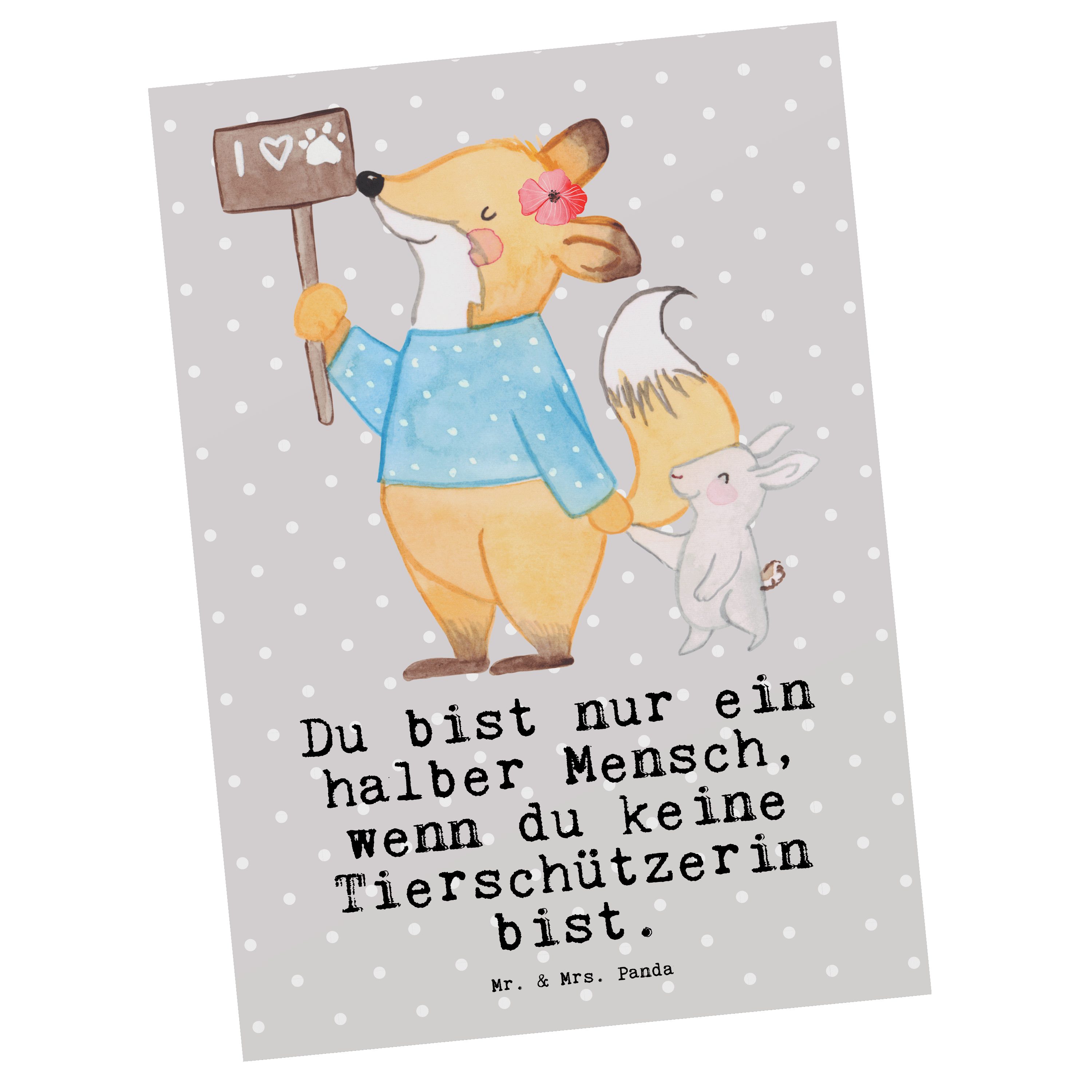 Mr. & Mrs. Panda Postkarte Tierschützerin mit Herz - Grau Pastell - Geschenk, Dankeschön, Beruf