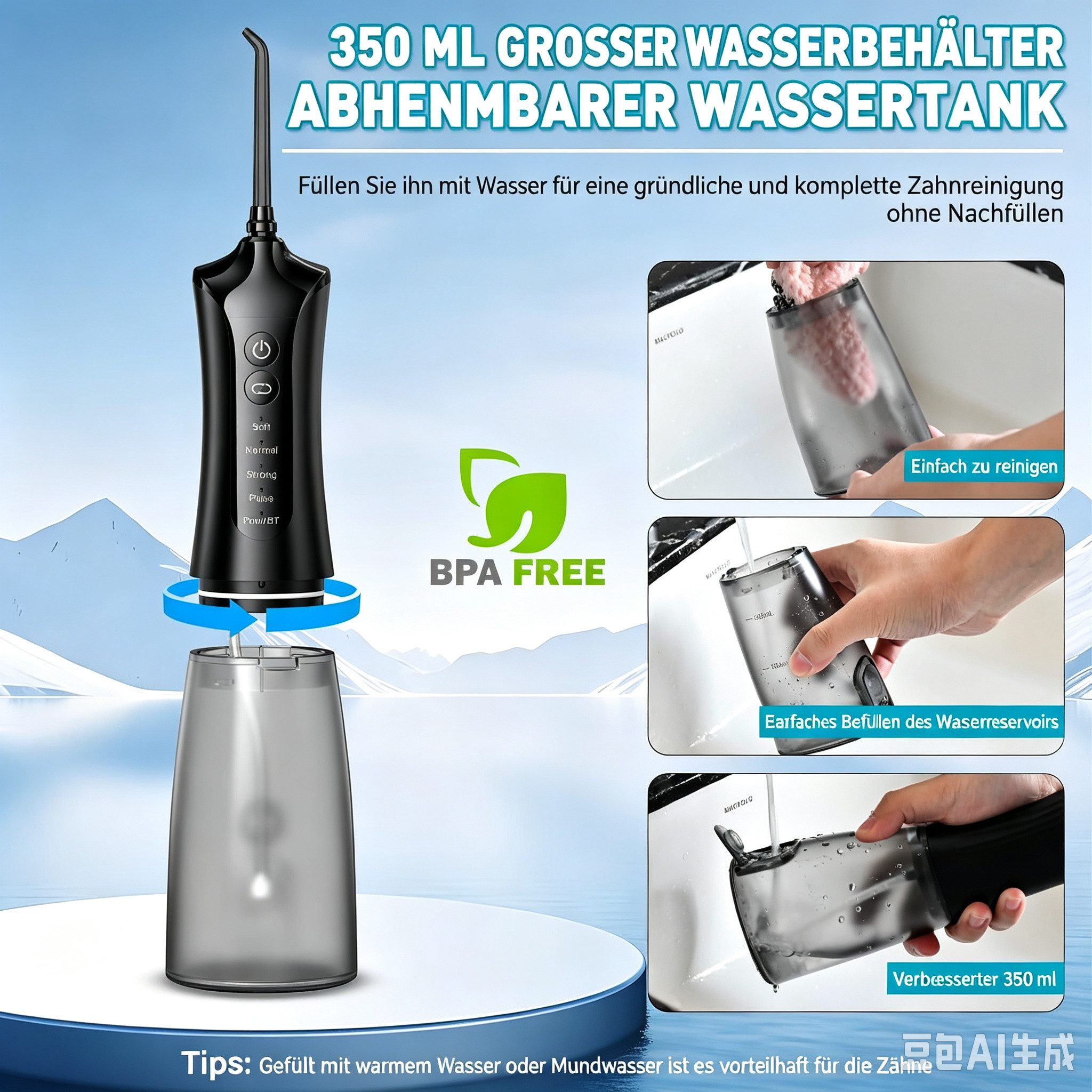 Kityhome Munddusche Munddusche Kabellos mit 4 Modi und 4 Düsen 350MLWassertank IPX7 USB, Aufsätze: 1 St., IPX7,350MLWassertank,4 MODEN,4 x Ersatzköpfe,USB-aufla – Bild 4 von 5