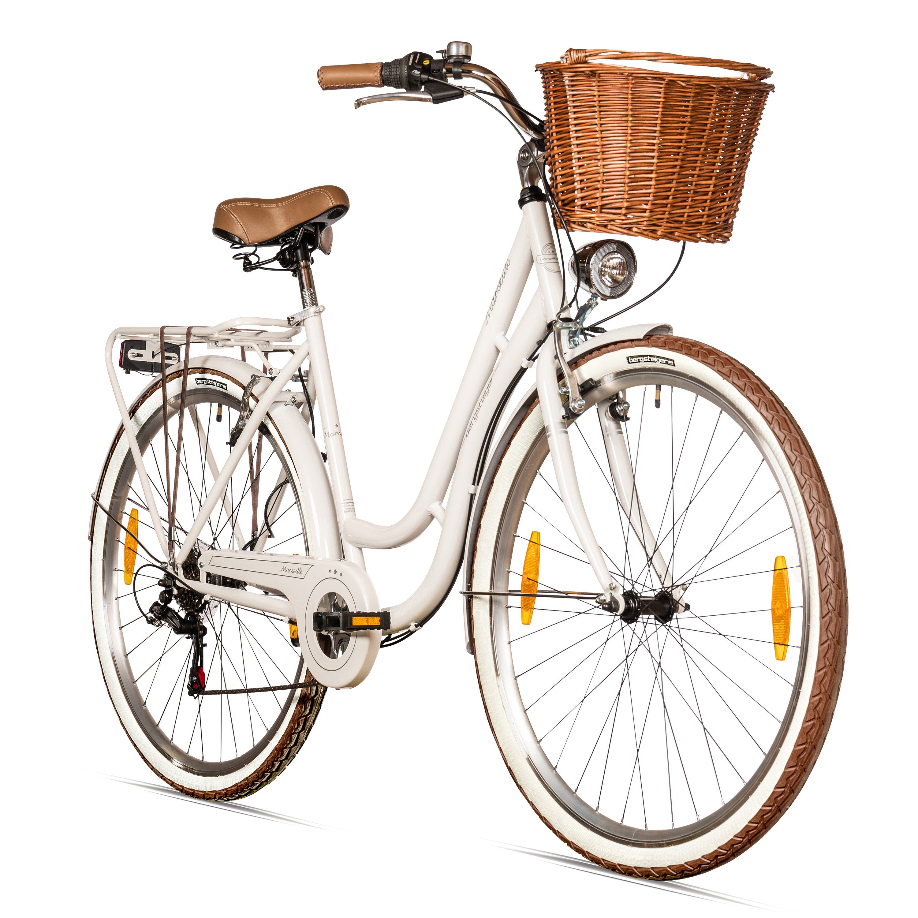 bergsteiger Cityrad Marseille 26 Zoll, 28 Zoll Damenfahrrad, ab 150 cm, Korb aus Rattan, 6 Gang, Kettenschaltung, V-Bremsen