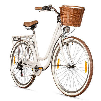 bergsteiger Cityrad Marseille 26 Zoll, 28 Zoll Damenfahrrad, ab 150 cm, Korb aus Rattan, 6 Gang, Kettenschaltung