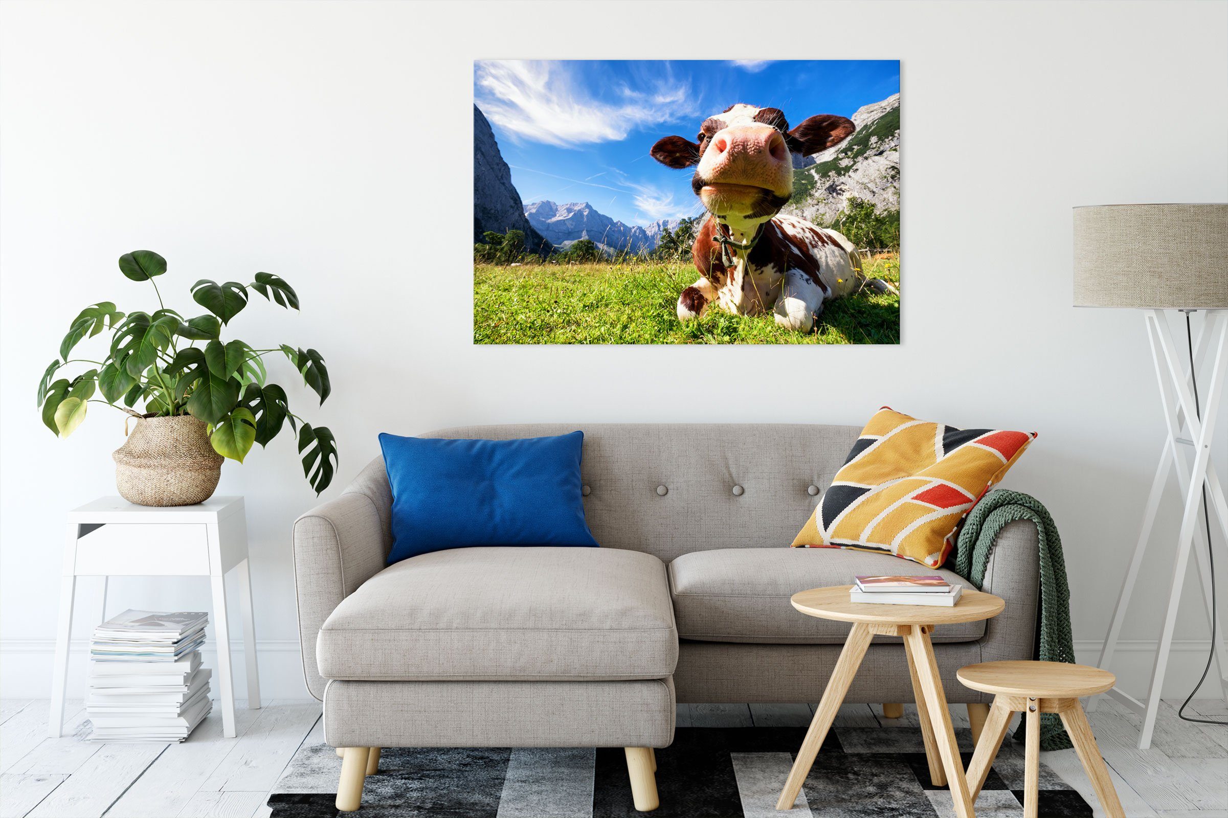 inkl. fertig (1 Pixxprint Zackenaufhänger St), bespannt, Kuh Karwendelgebirge, im Leinwandbild Kuh im Leinwandbild Karwendelgebirge