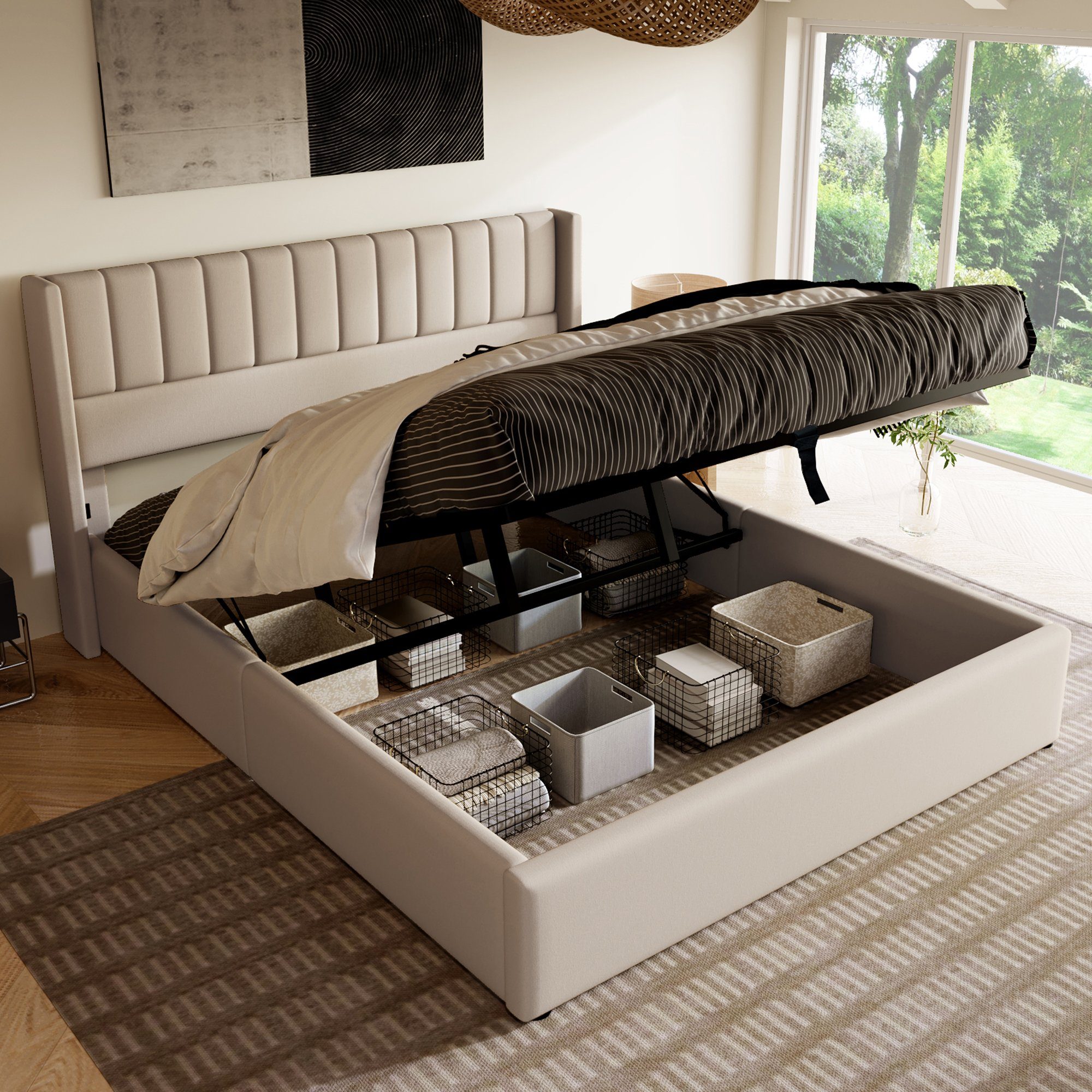 SOFTWEARY Polsterbett Doppelbett mit Lattenrost und Bettkasten (140x200  cm), gepolsterter Kopfteil mit seitlichen Ohren, Bezug aus Leinen