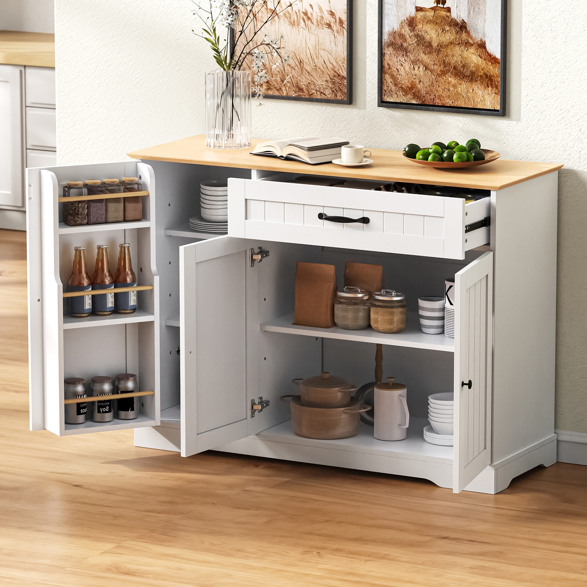 Flieks Kommode Buffetschrank mit Schubladen und Türablagen (1 St., 107x40x84 cm), Mehrzweckschrank Küchenschrank mit verstellbarer Einlegeböden