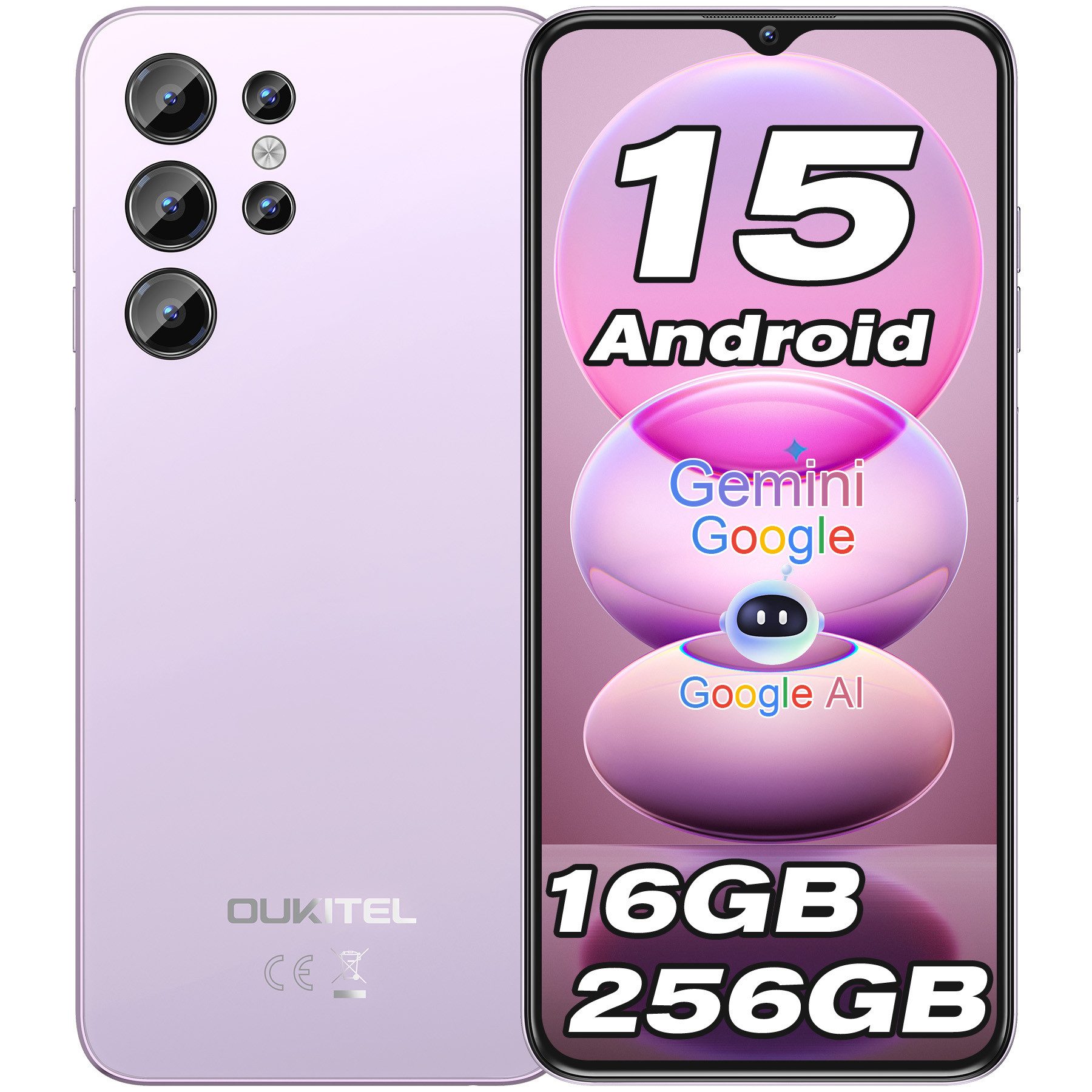 OUKITEL C1 Pro Android 15 Ohne Vertrag Smartphone (16,56 cm/6.52 Zoll, 256 GB Speicherplatz, 13 MP Kamera, 5150mAh, 16GB RAM 256GB ROM, GPS, Face Unlock, 4G Dual SIM)