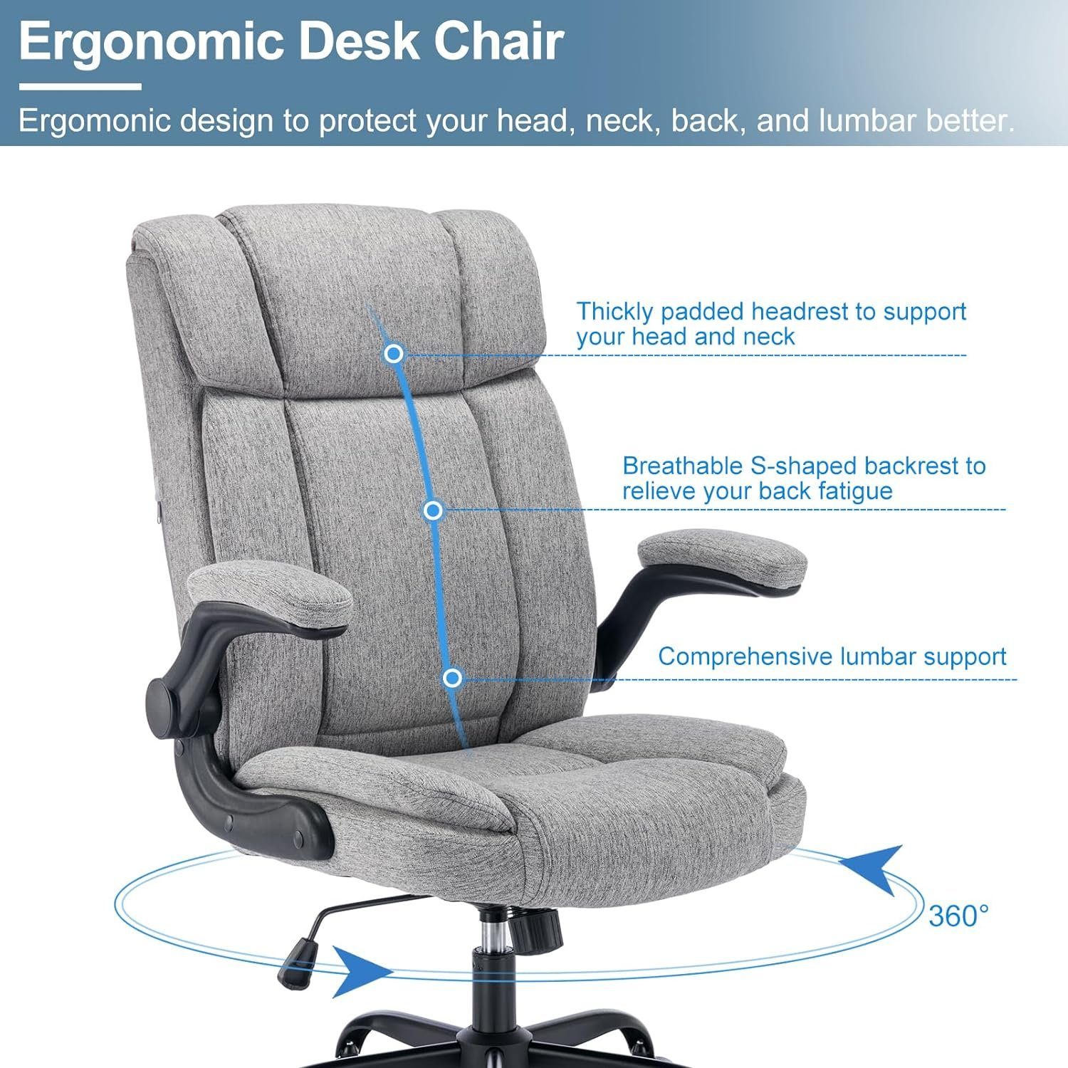 LIYURUI Bürostuhl (Stuhl mit 110°Schaukeln, höhenverstellbarer atmungsaktiver Armlehnen bequemer), Stoffbezug, Bürostuhl, hochklappbare Atmungsaktiv113KG