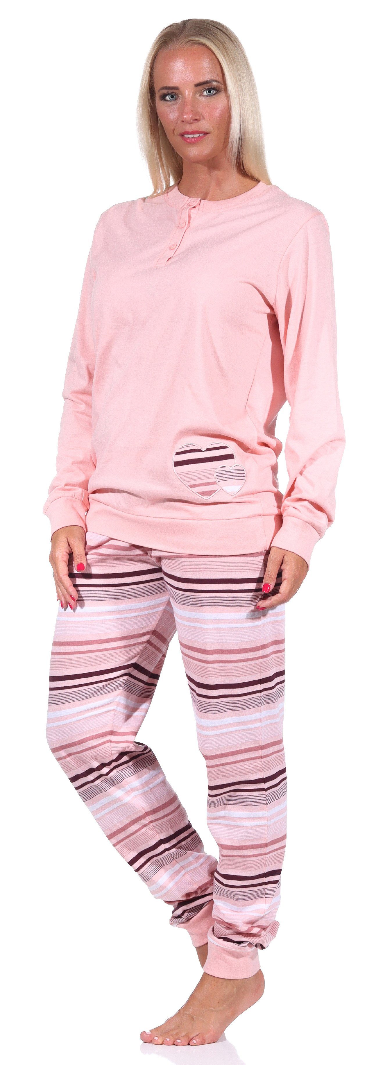 Herzmotiv Pyjama Pyjama rosa + mit gestreifter Normann Hose Damen und Bündchen