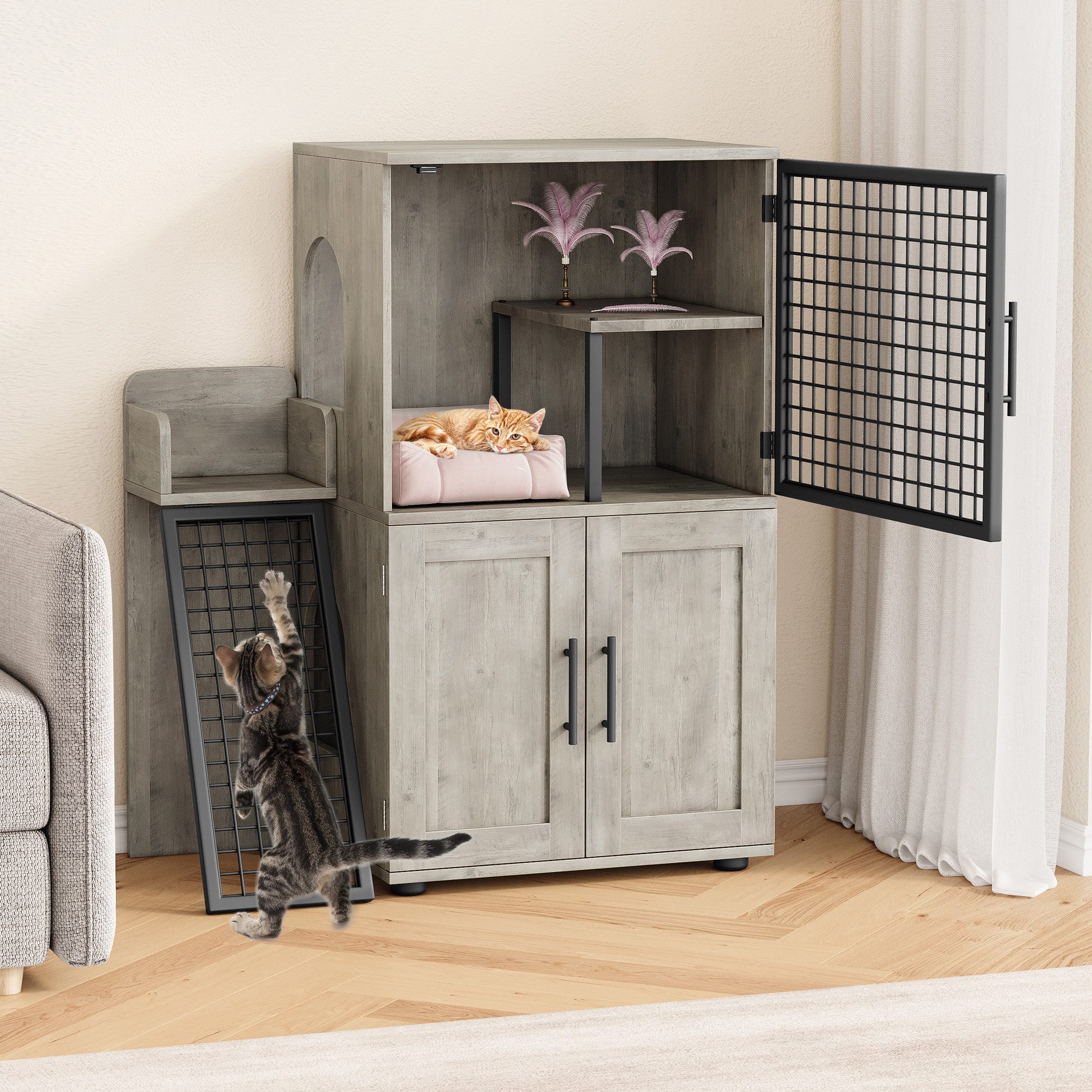GarveeMore Katzentoilette mit Doppeltüren & Plattform,Moderner Villa-Katzenschrank mit Leiter, Doppelschichtige versteckte Katzentoilette,Katzentoilettengehäuse,Weiß