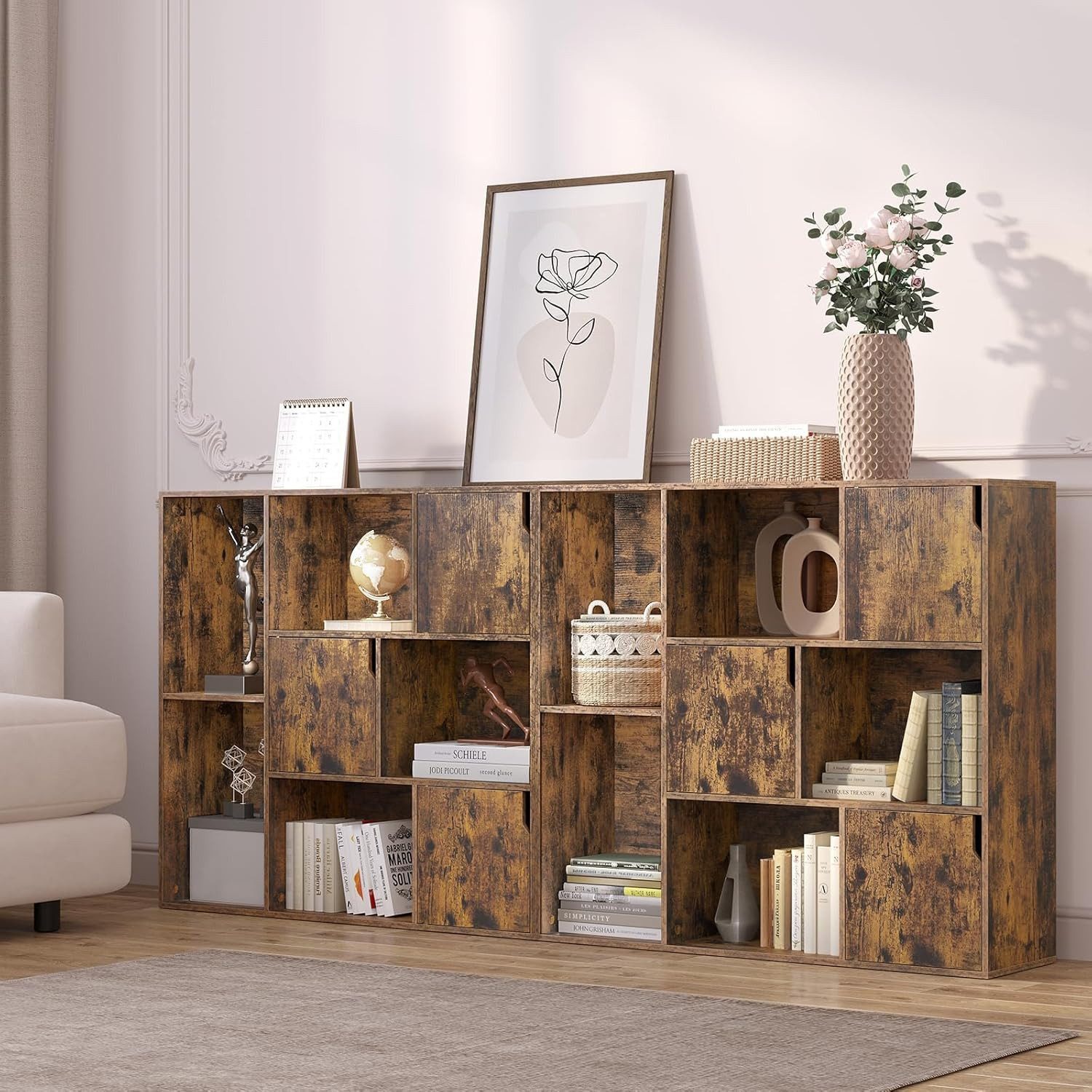 Woltu Bücherregal, 1-tlg., Weiß, mit 8 Fächern 3 Türen, für Büro Wohnzimmer Arbeitszimmer