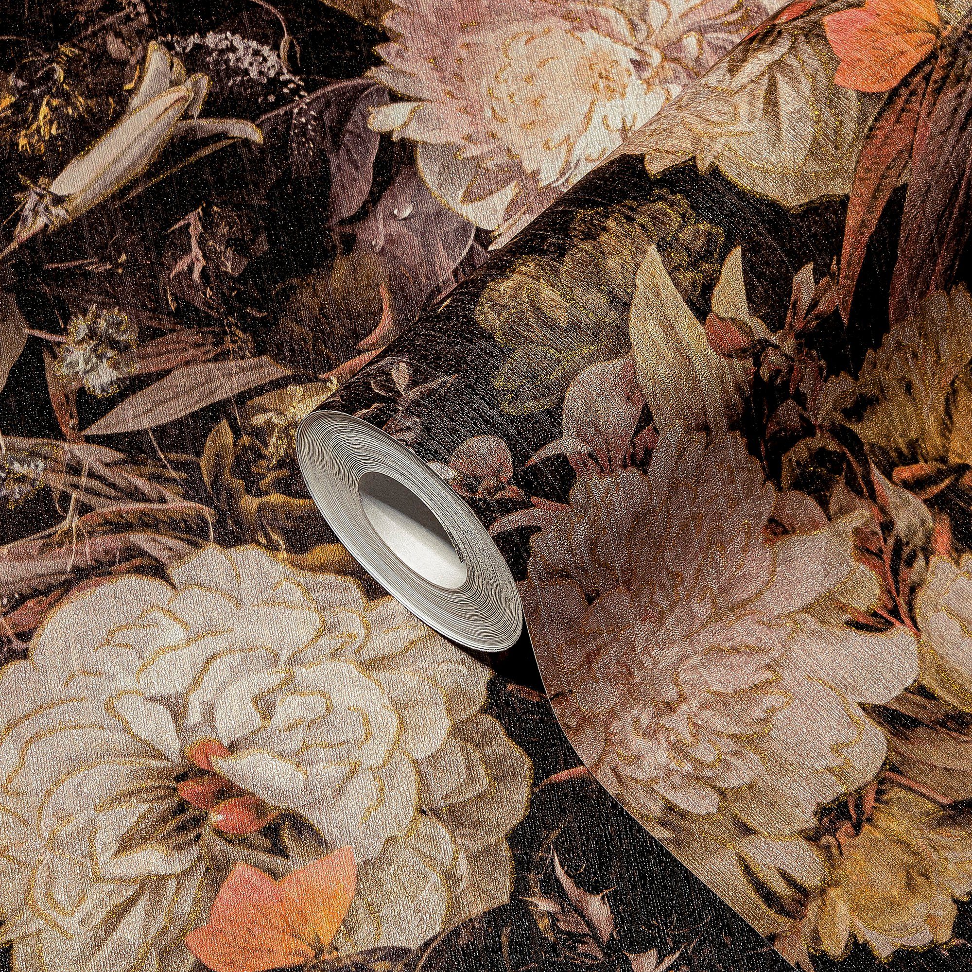 Bricoflor Schwarze Tapete mit Blumen Florale Vliestapete Ideal für Wohnzimm günstig online kaufen