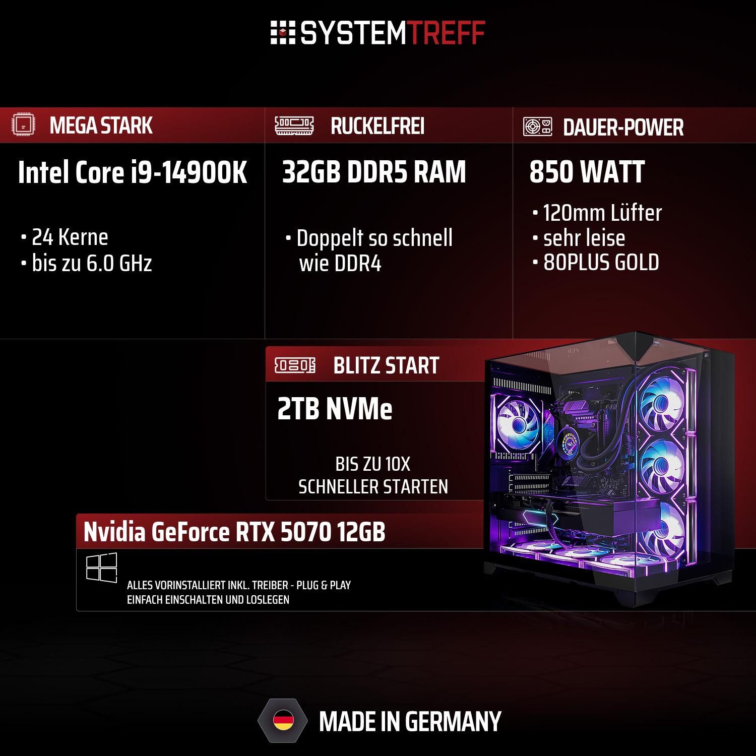 SYSTEMTREFF Intel Core i9-14900K mit Nvidia GeForce RTX 5070 12GB Gaming-PC (Intel 14900K 14900K, Nvidia GeForce RTX 5070, 32 GB RAM, 2000 GB SSD, Wasserkühlung)
