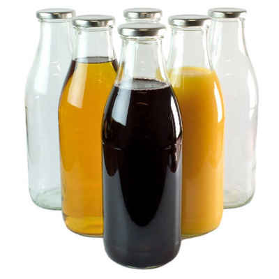 gouveo Trinkflasche Saftflaschen 1000 ml mit Schraub-Deckel - Große Flasche 1,0 l aus Glas, 6er Set, silberfarben