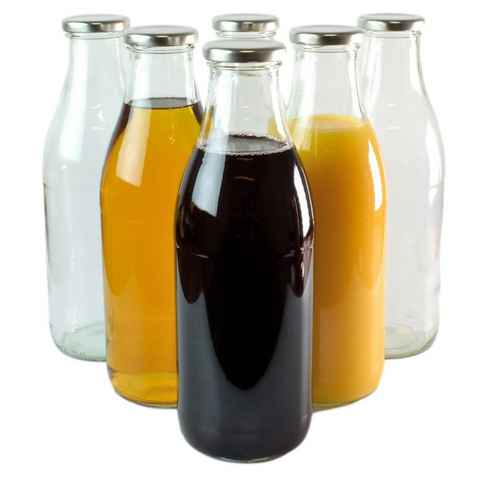 gouveo Trinkflasche Saftflaschen 1000 ml mit Schraub-Deckel - Große Flasche 1,0 l aus Glas, 6er Set, silberfarben