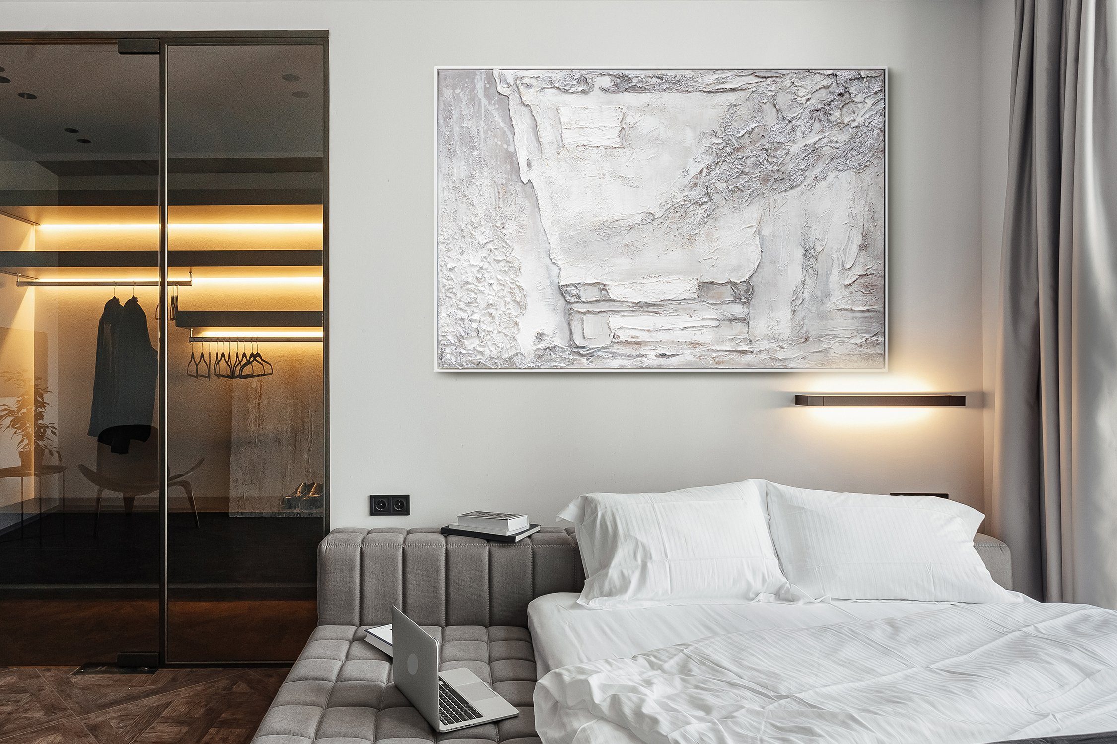 Helles Leinwand mit mit Rahmen Handgemalt YS-Art Gemälde Silber licht, Struktur Abstrakt Bild