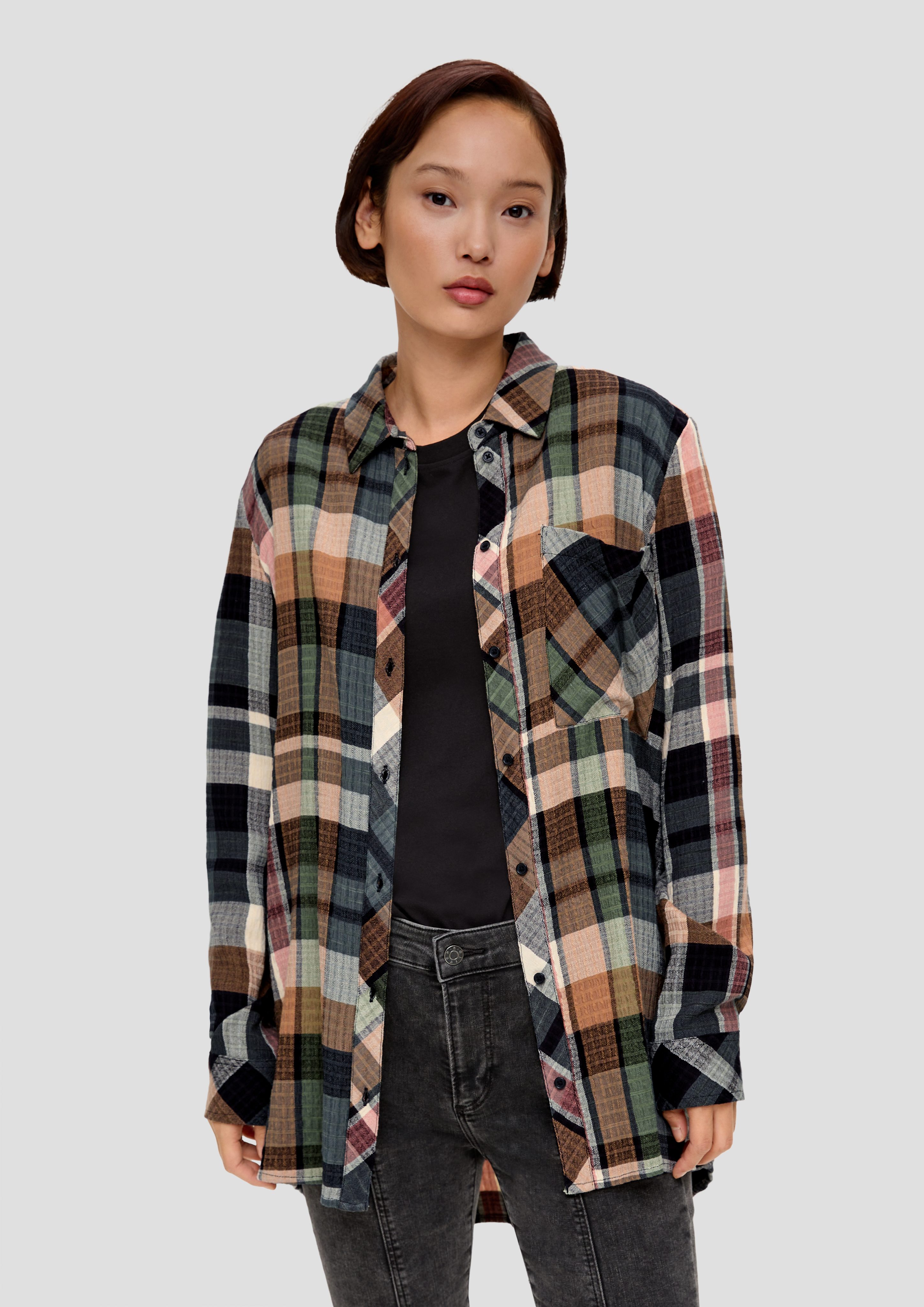 Langarmbluse Longbluse in Seersucker-Qualität