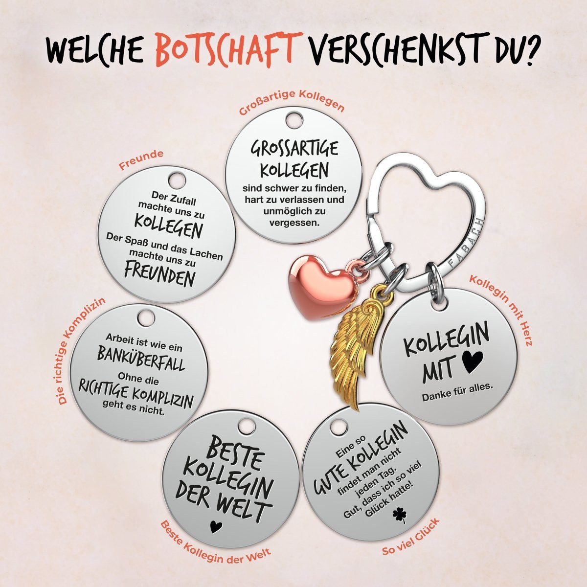 FABACH Schlüsselanhänger Glücksbringer Herz und Engelsflügel mit Gravur "Beste Kollegin"