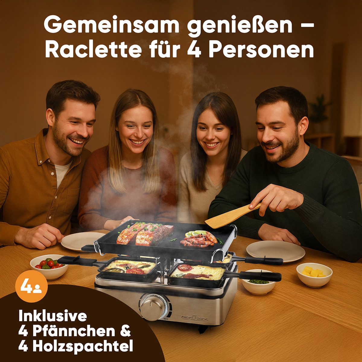 ProfiCook Raclette PC-RG 1301, Raclette, inkl. 4 Pfännchen und 4 Spachtel