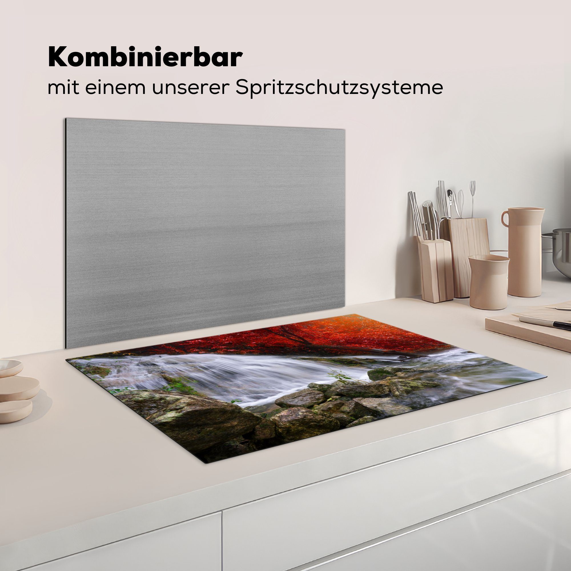 - Schutz küche, cm, (1 - Felsen Induktionskochfeld für Ceranfeldabdeckung Vinyl, Herdblende-/Abdeckplatte - die Herbst, Wasser 80x52 MuchoWow Wasserfall tlg),