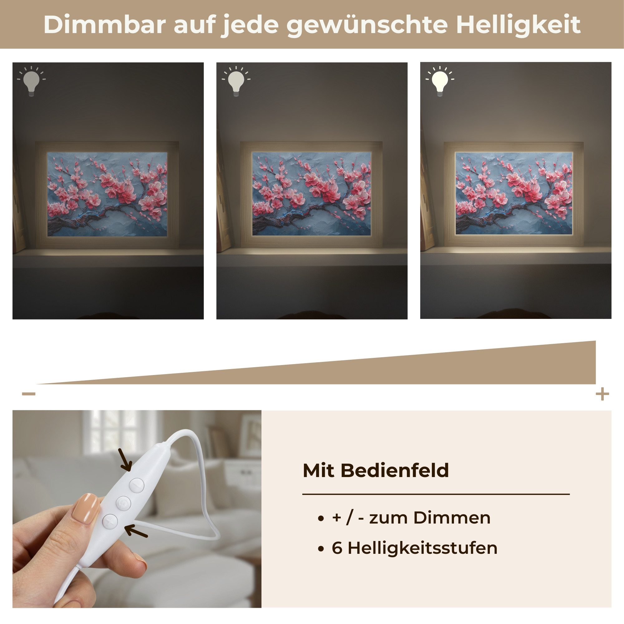 OnlyWow Wandleuchte Lightbox Blüte - Blume - Rosa - Zweig, Dimmbar, Farbwechsel, LED, Warmweiß, Kaltweiß, Neutralweiß Einstellbar, Wandlampe Innen, Dimmbar, mit Kabel, LED, Modern, Flur