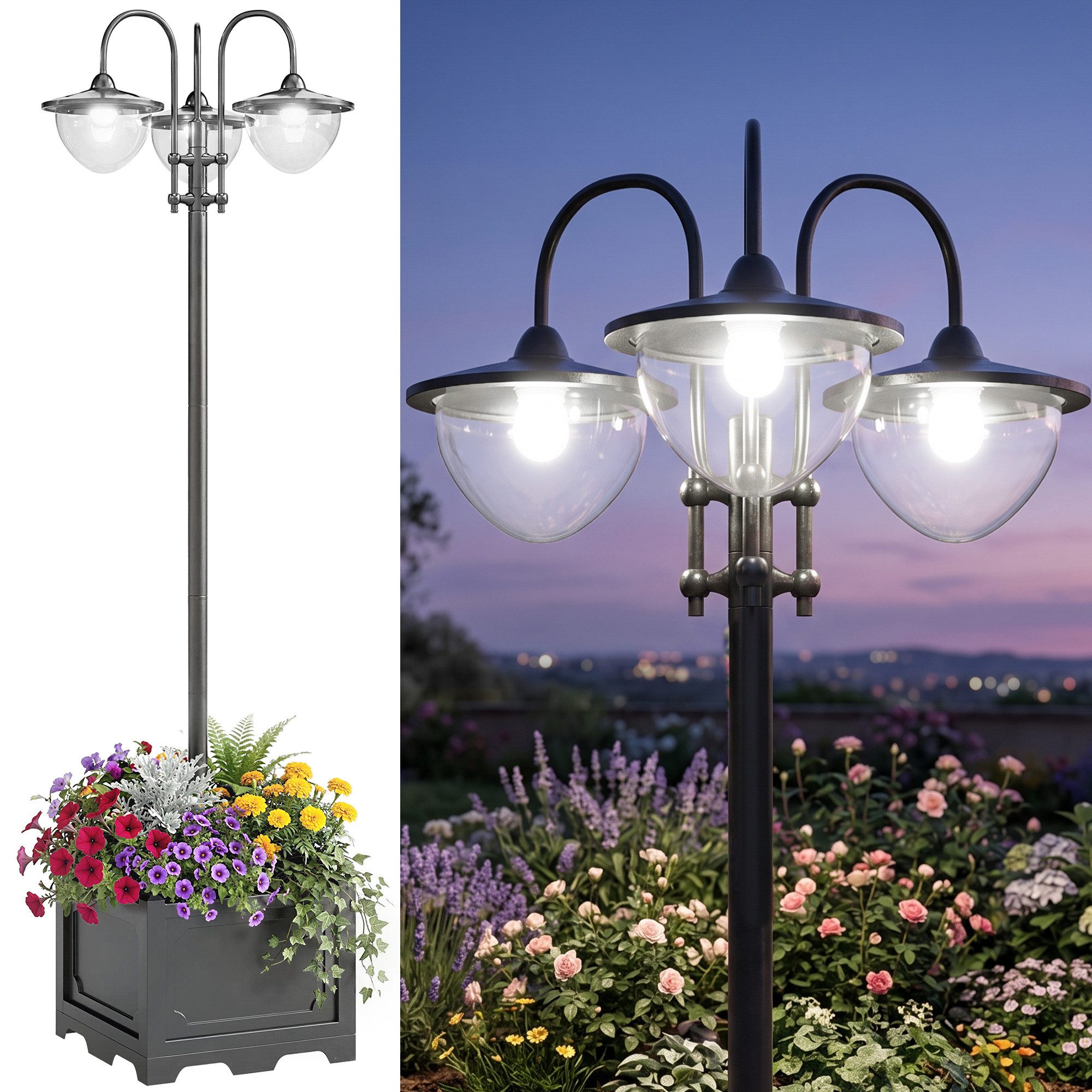 Outsunny Außen-Stehlampe Gartenlicht 3-köpfige Lampe mit Blumentopf-Basis Wasserdicht Edelstahl, Solarbetrieb, Lichtsteuerung, LED, warmweiß, L60 x B55 x H189 cm