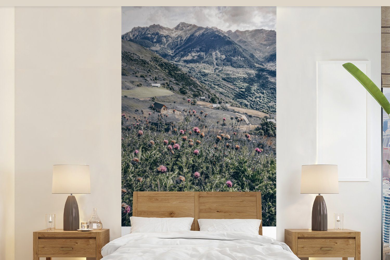 MuchoWow Fototapete Spanien - Berge - Blumen, Matt, bedruckt, (2 St), Vliestapete für Wohnzimmer Schlafzimmer Küche, Fototapete