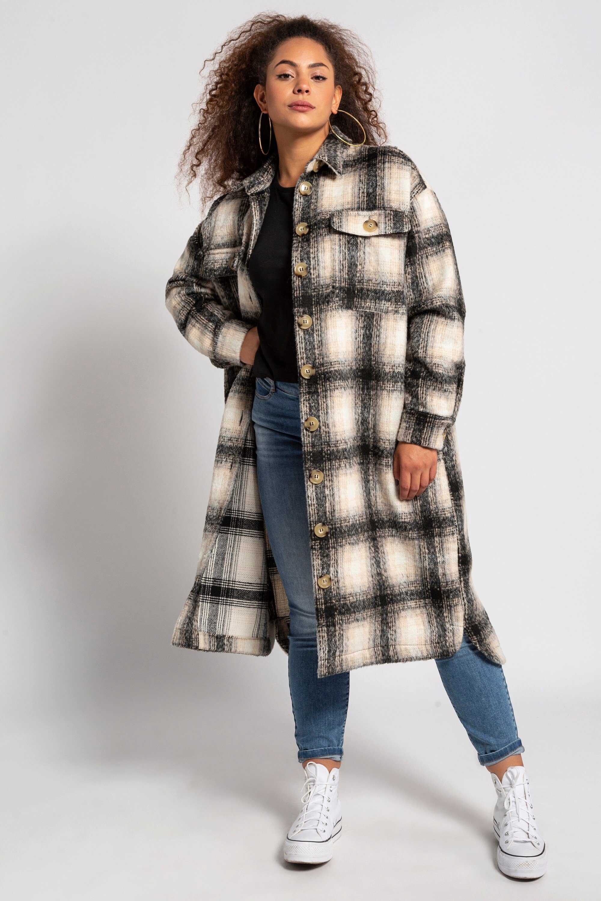 Studio Untold Wolljacke HemdjackeOversized Longform Karo soft geraut