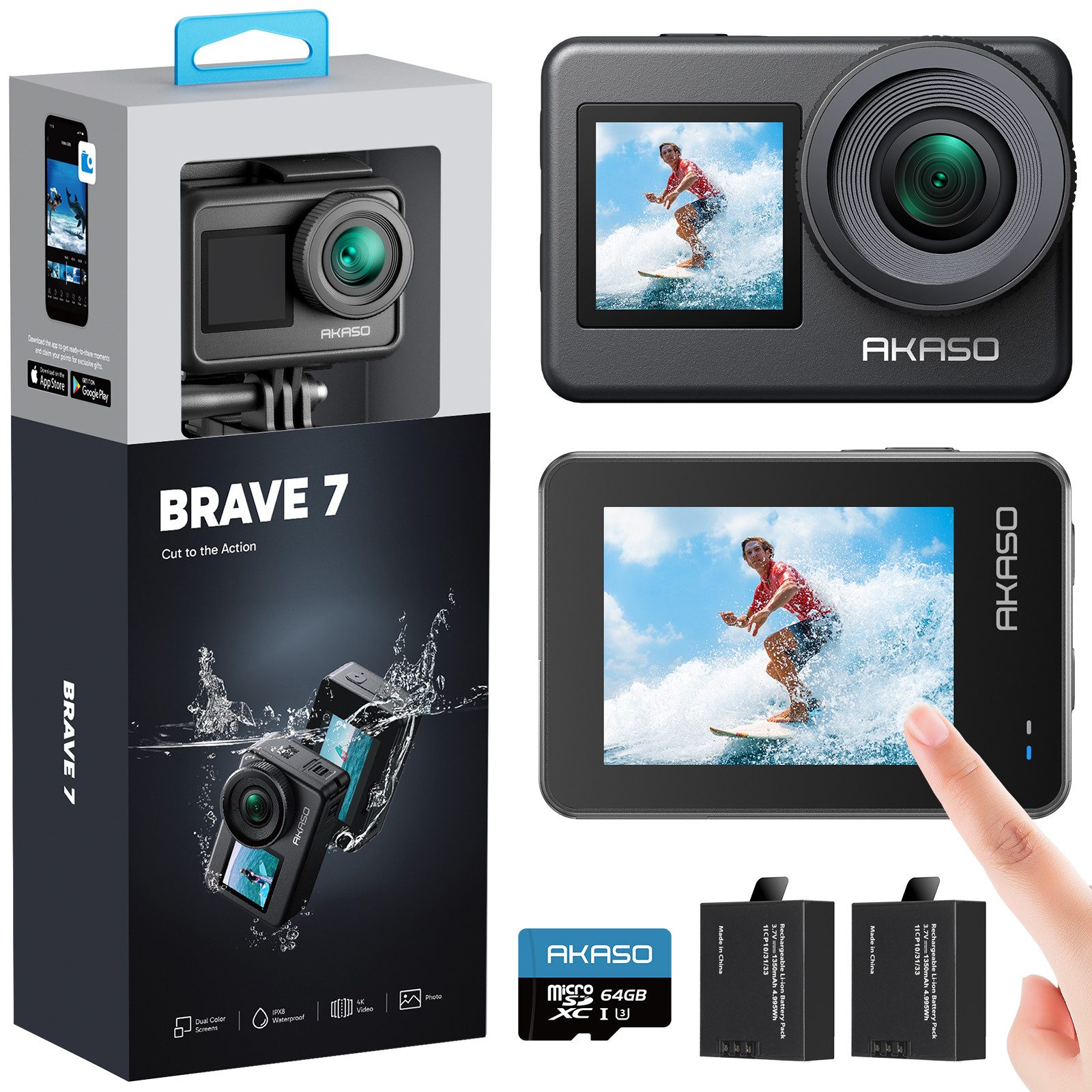 Akaso Brave 7 Action Cam (4K Ultra HD, Wi-Fi 2.4G, EIS 4.0, Wasserdicht bis 40 m, dual Farbdisplays, Fernbedienung)