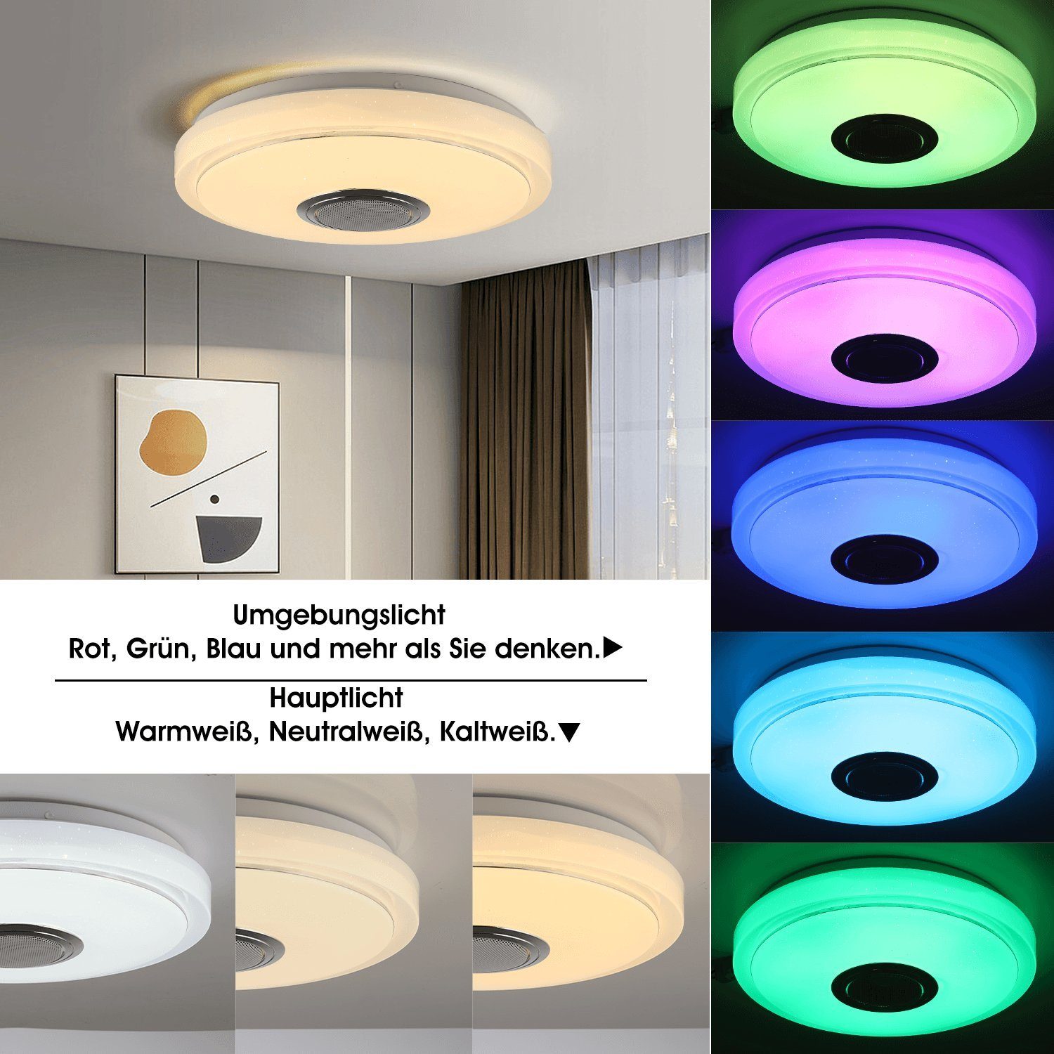 oyajia Deckenleuchte LED Deckenlampe Wohnzimmer Fernbedienung fest RGB/Kaltweiß/Naturweiß/Warmweiß, mit Bluetooth mit integriert, für Lautsprecher, APP, oder 60W LED Schlafzimmer Küche RGB Dimmbar, Dimmbar