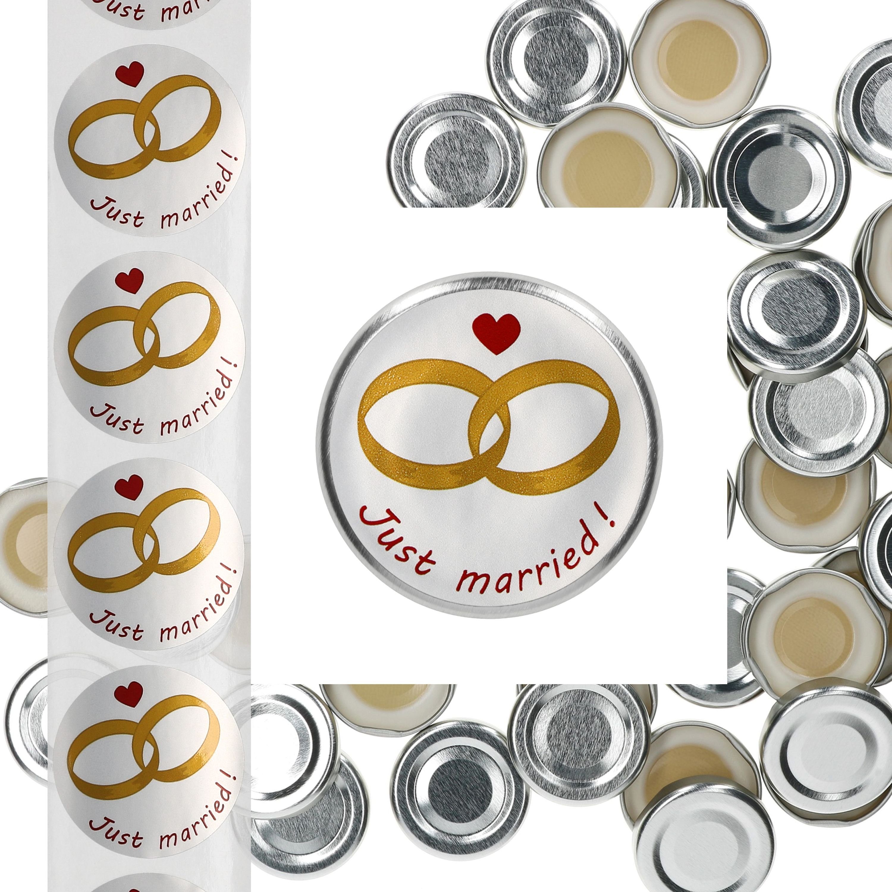 MamboCat Einmachglas 50er Deckelset TO43 silber Hochzeits-Etiketten Just Married Geschenk, Metall