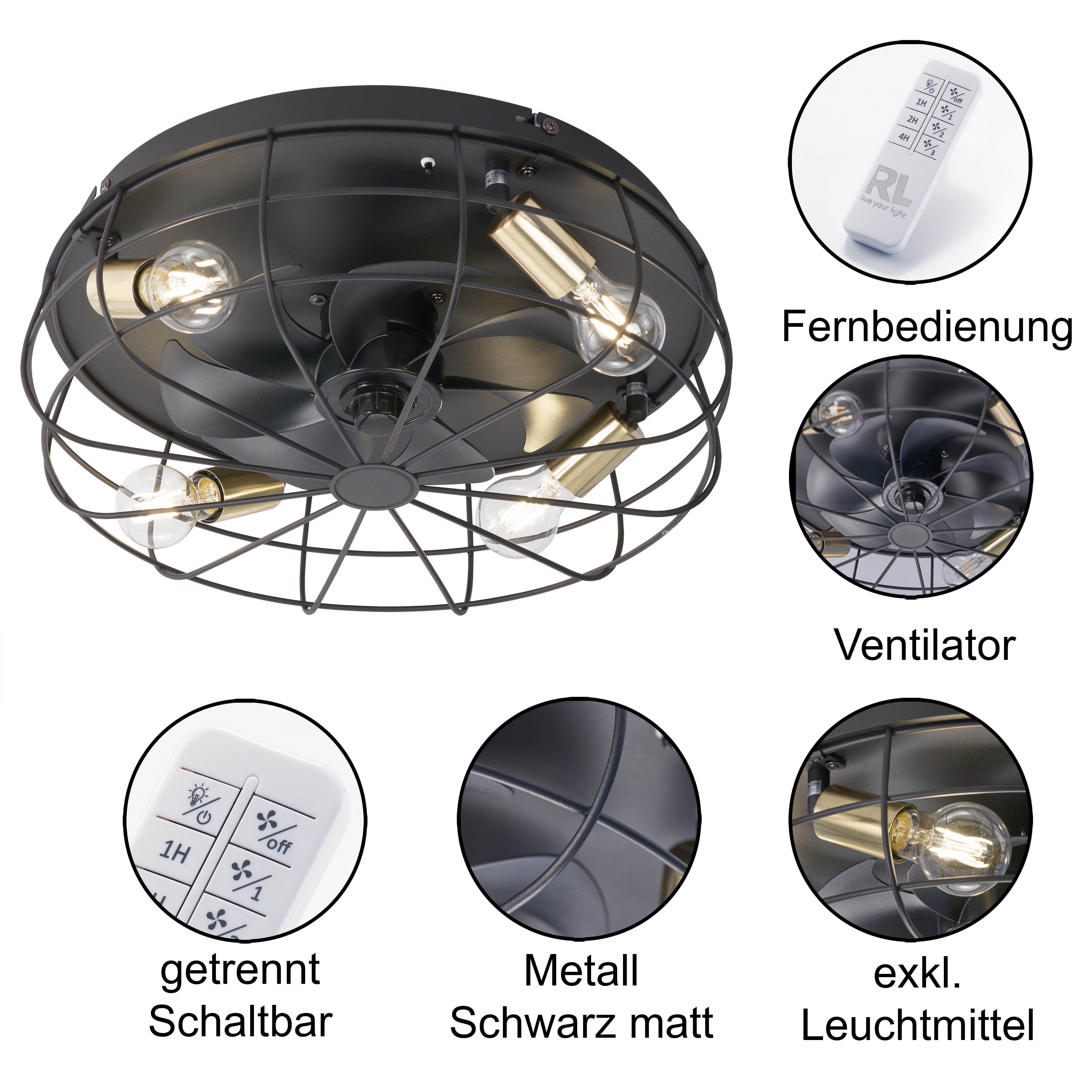 Reality Leuchten Deckenleuchte Trondheim Deckenventilator, Timerfunktion, Ventilatorfunktion, Leuchtmittel wechselbar, Deckenlampe Ventilator getrennt schaltbar