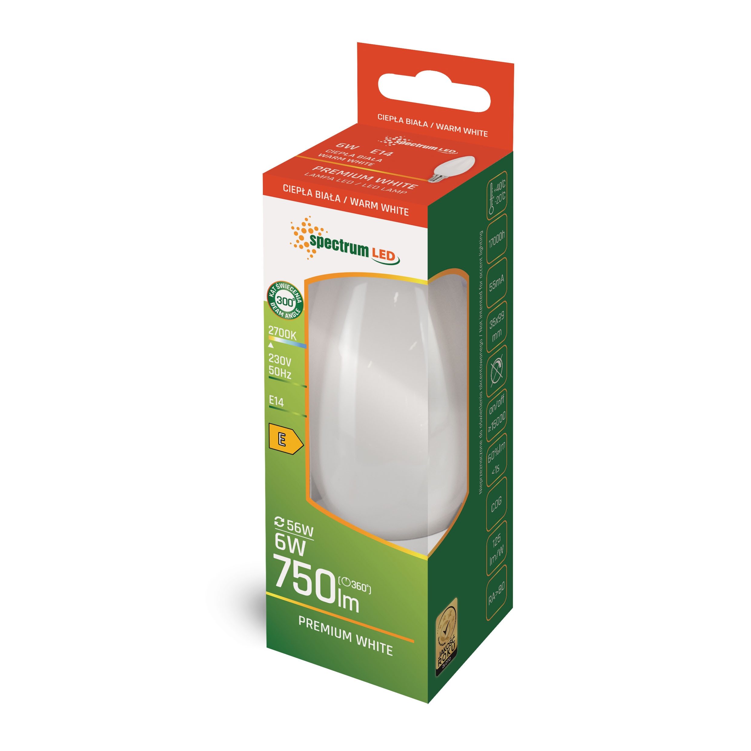 Spectrum LED-Leuchtmittel LED E14 C35 Filament matt 6W = 56W 230V 750lm 300° Warmweiß 2700K, E14, Warmweiß, Filament matt