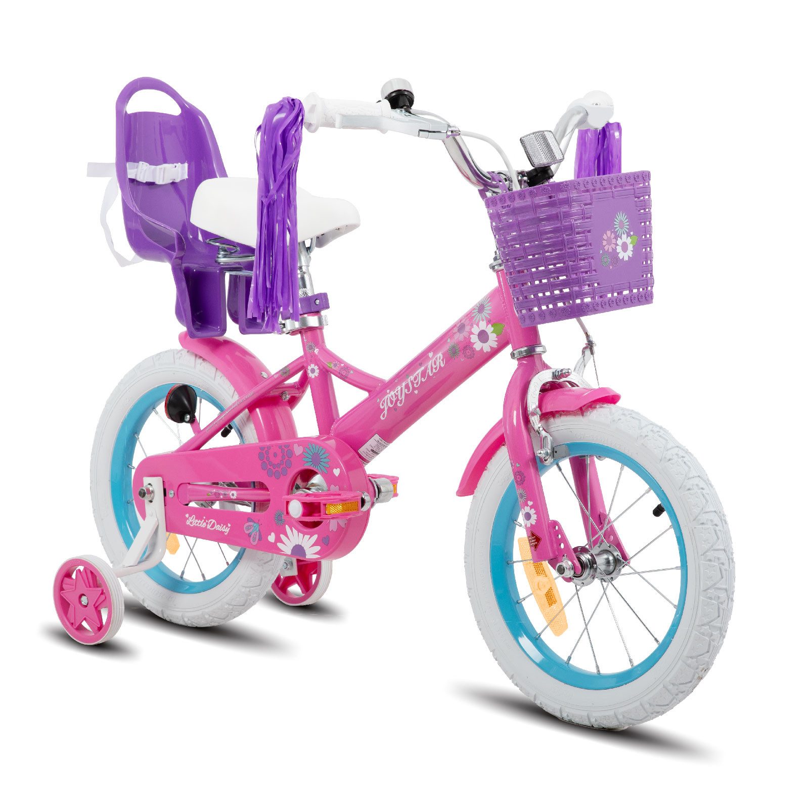 JOYSTAR Kinderfahrrad 12, 14, 16 Zoll Mädchenfahrrad, 3 - 8 Jahre,Geschenk für Prinzessin, 1 Gang, Mit Hilfsrädern, farbigen Bändern, Korb, Reflektor, Kettenabdeckung