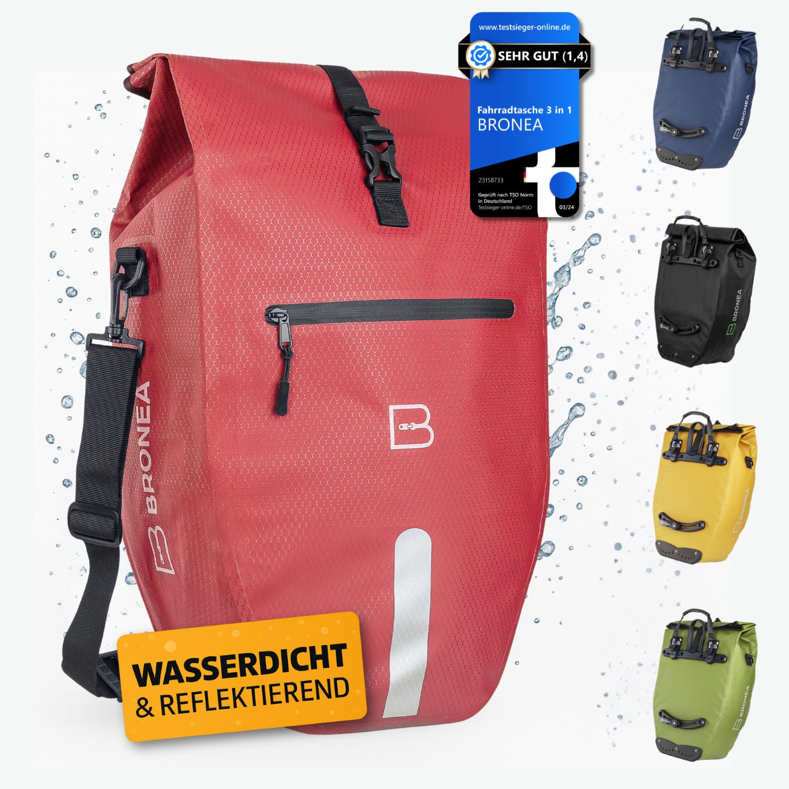 Bronea Fahrradtasche 2in1 Gepäckträgertasche Fahrrad XXL 28 Ltr - Verstärkt - Abnehmbar (Fahrradtasche für Gepäckträger hinten, Wasserdicht & Reflektierend - Laptoptasche), Innovatives verstellbares Click System für alle Gepäckträger
