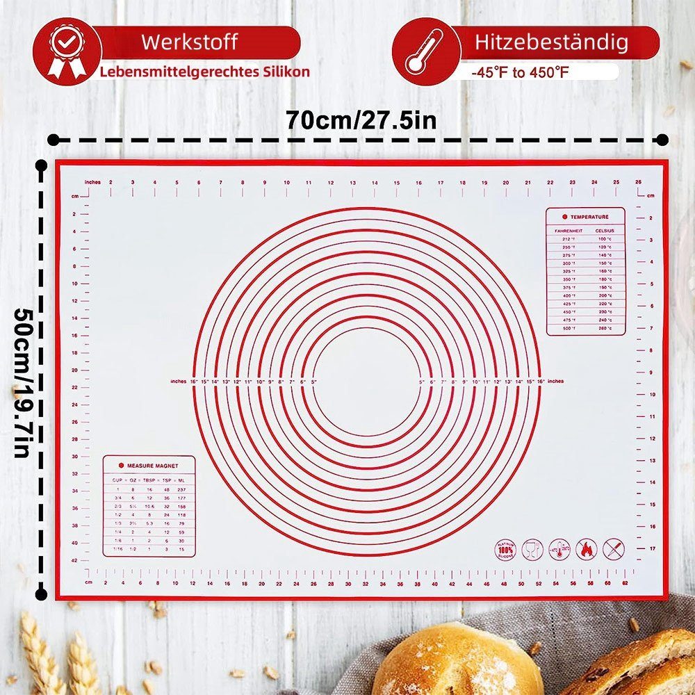 PFCTART Backmatte 70 x 50 cm Backunterlage Silikon Backen Rutschfest Backmatte groß, Silikon+Glasfaser, für Plätzchen, Pizza Teig, Brot, Fondant