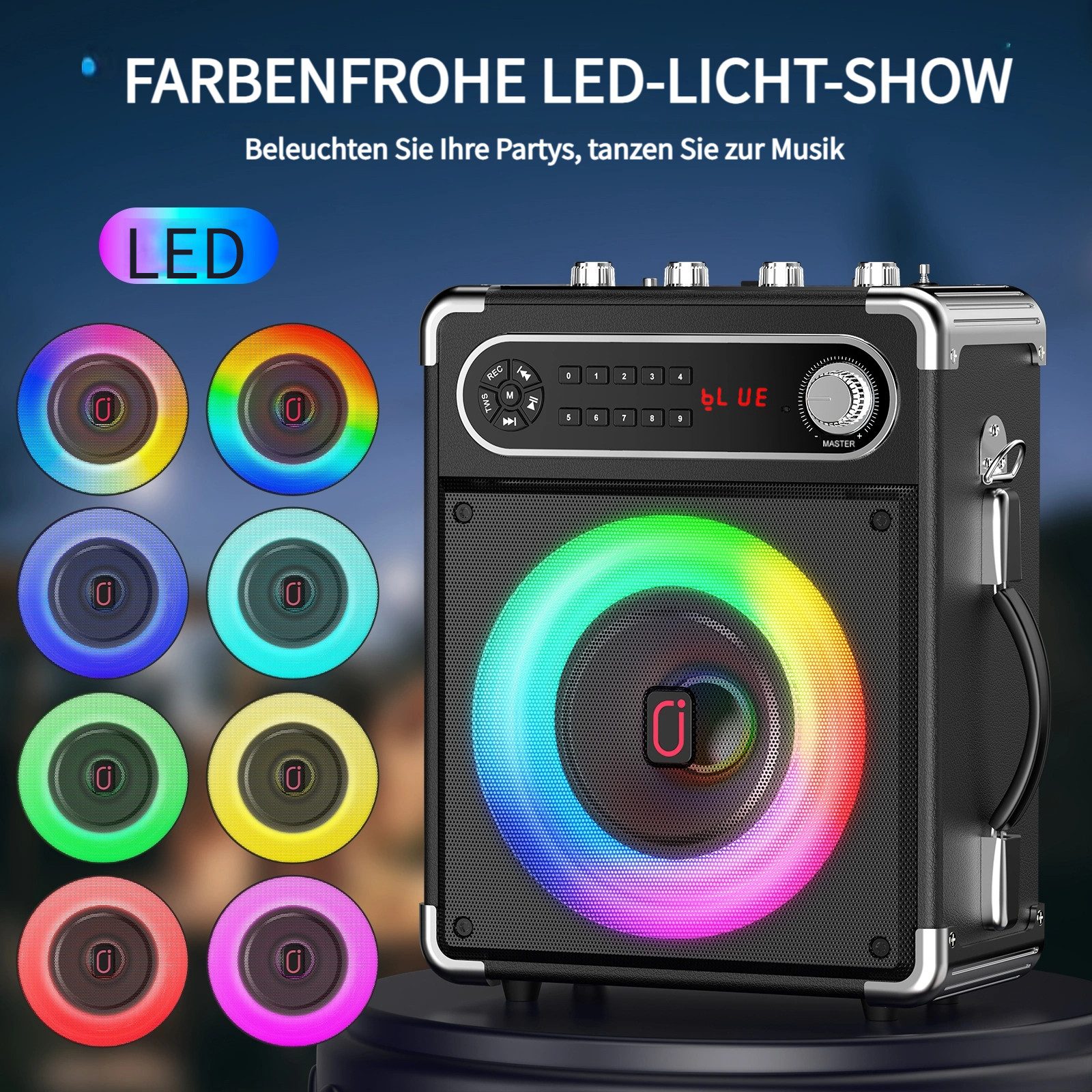 JYX Tragbarer Bluetooth-Lautsprecher mit 2 Mikrofonen Lautsprecher (Bluetooth 5.0, Unterstützt PA-System, Discolights, FM, REC-Funktionen, Fernbedienung)