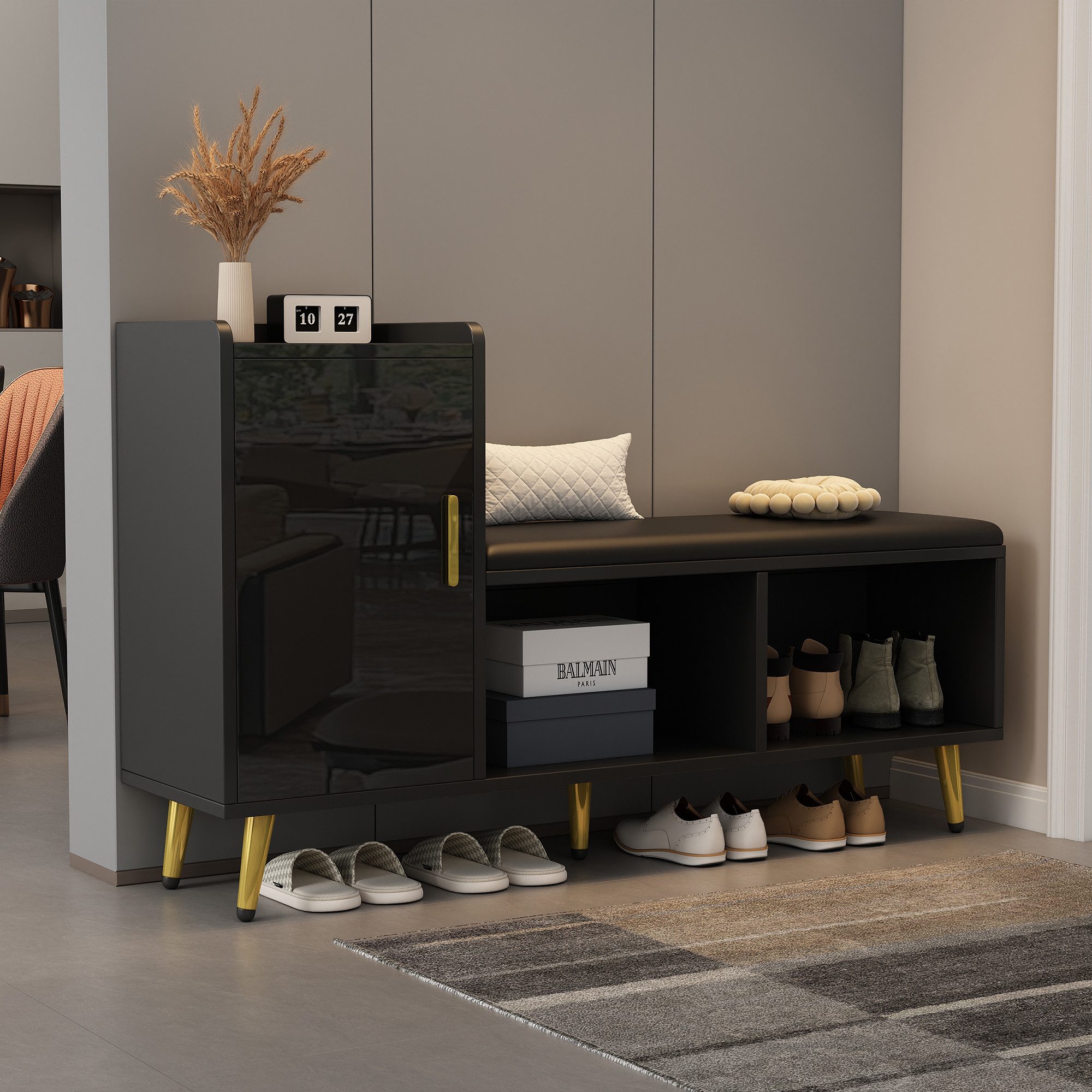 OKWISH Schuhschrank Hochglanz-Schranktür mit Stauraum (Schuhbank, Schuhregal, 1-St., Eingangsschuhschrank) mehrstöckige Ablage mit gepolstertem Sitz