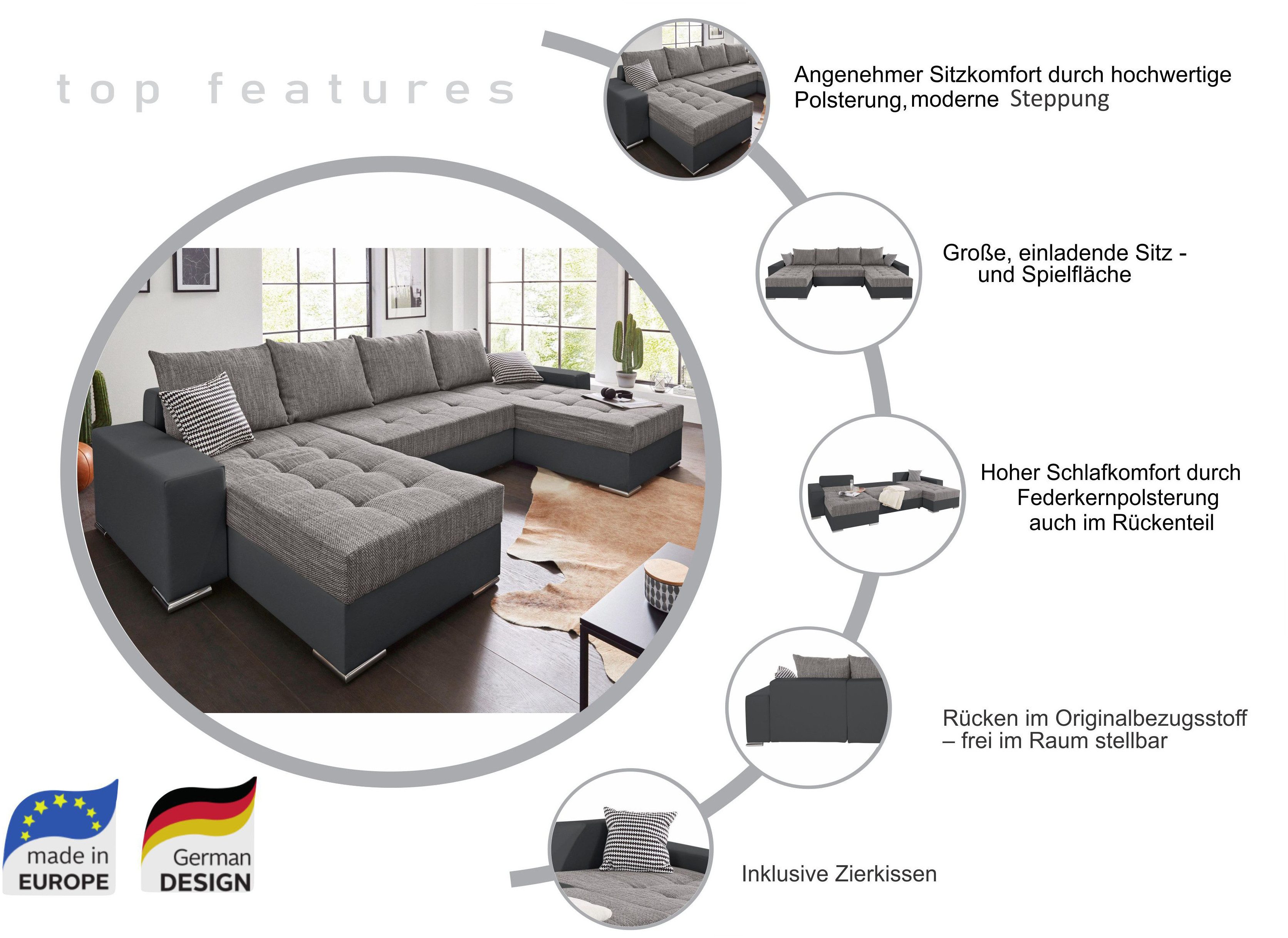 COLLECTION AB Wohnlandschaft Josy XL U-Form, Breite: 313 cm, Bettfunktion, Bettkasten & 2 Zierkissen, Federkern