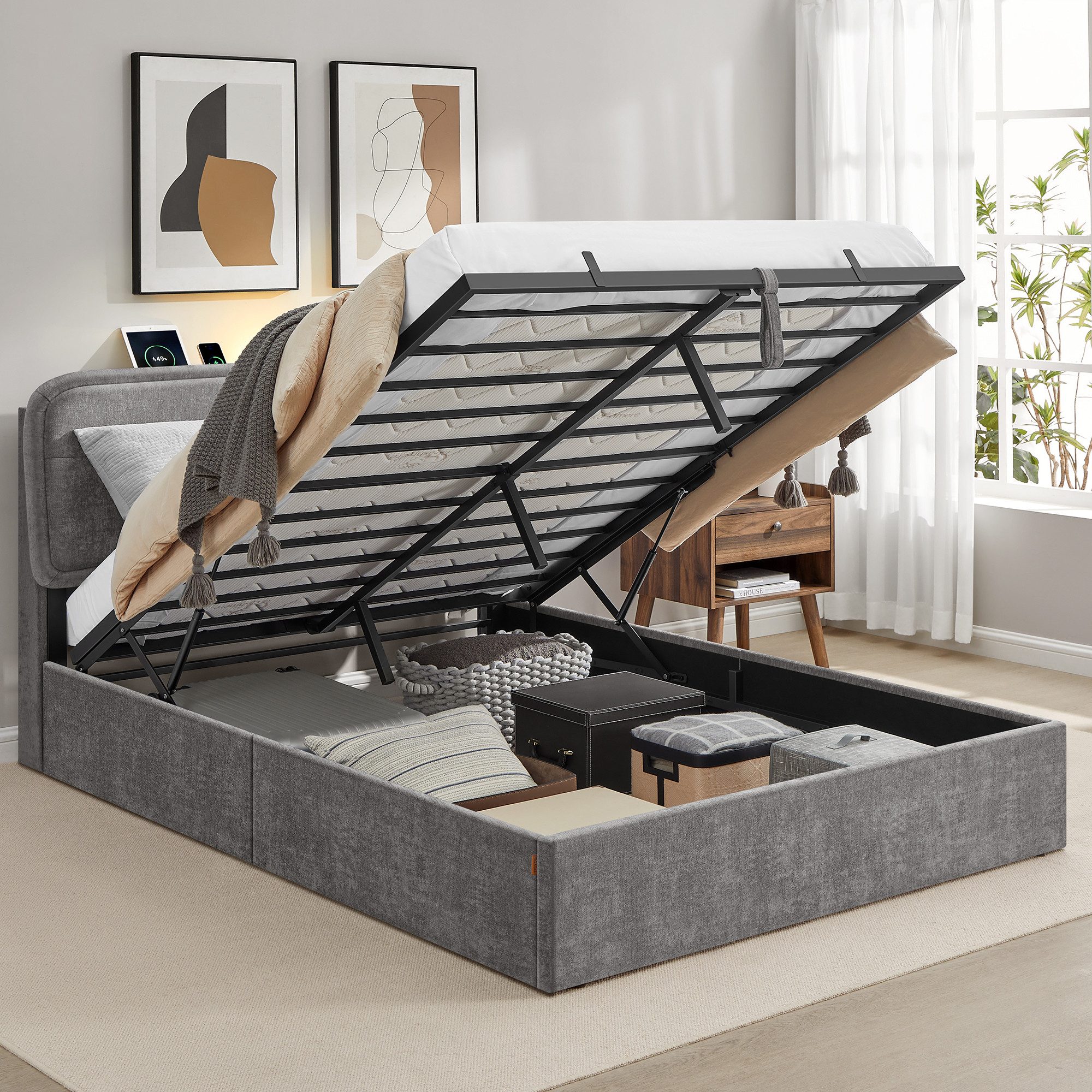VASAGLE Polsterbett (140 x 190 cm), Hydraulisches Stauraumbett, LED, Ladest günstig online kaufen
