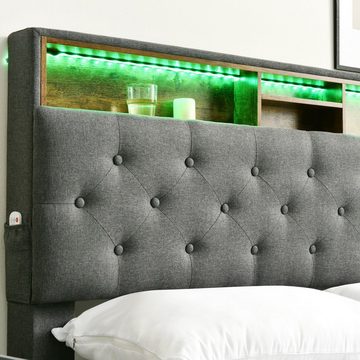 WISHDOR Polsterbett Doppelbett MassivholzBett (140*200CM Grau(Ohne Matratze), Intelligenter LED-Streifen, für Schlafzimmer