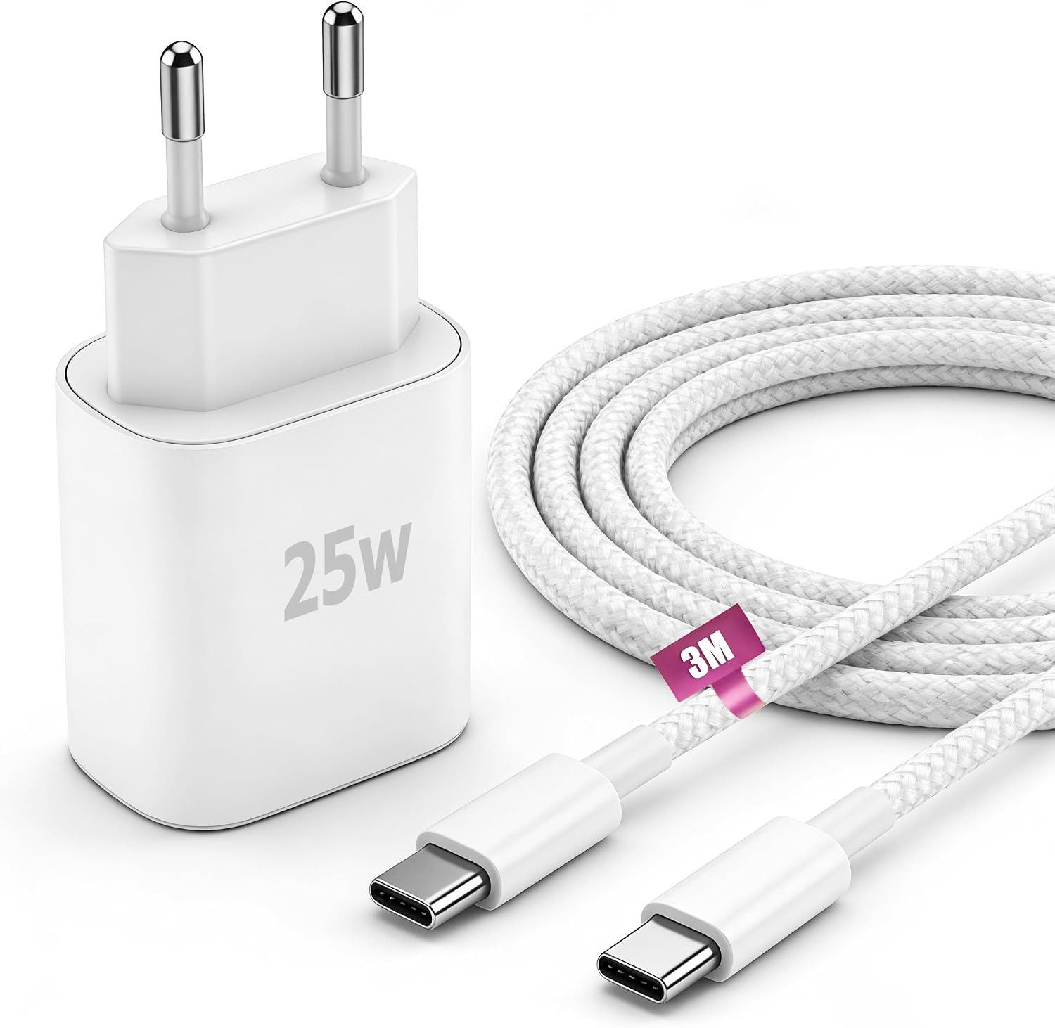POCOJAO 25W USB-C Ladegerät mit 3m Ladekabel Power Adapter Schnelllade-Gerät (3000 mA, Ladegerät mit Ladekabel, 25W USB-C Netzteil inklusive 3 m Ladekabel, 25 W, USB-C, Power Delivery, 3 m Ladekabel, Schnellladefunktion)