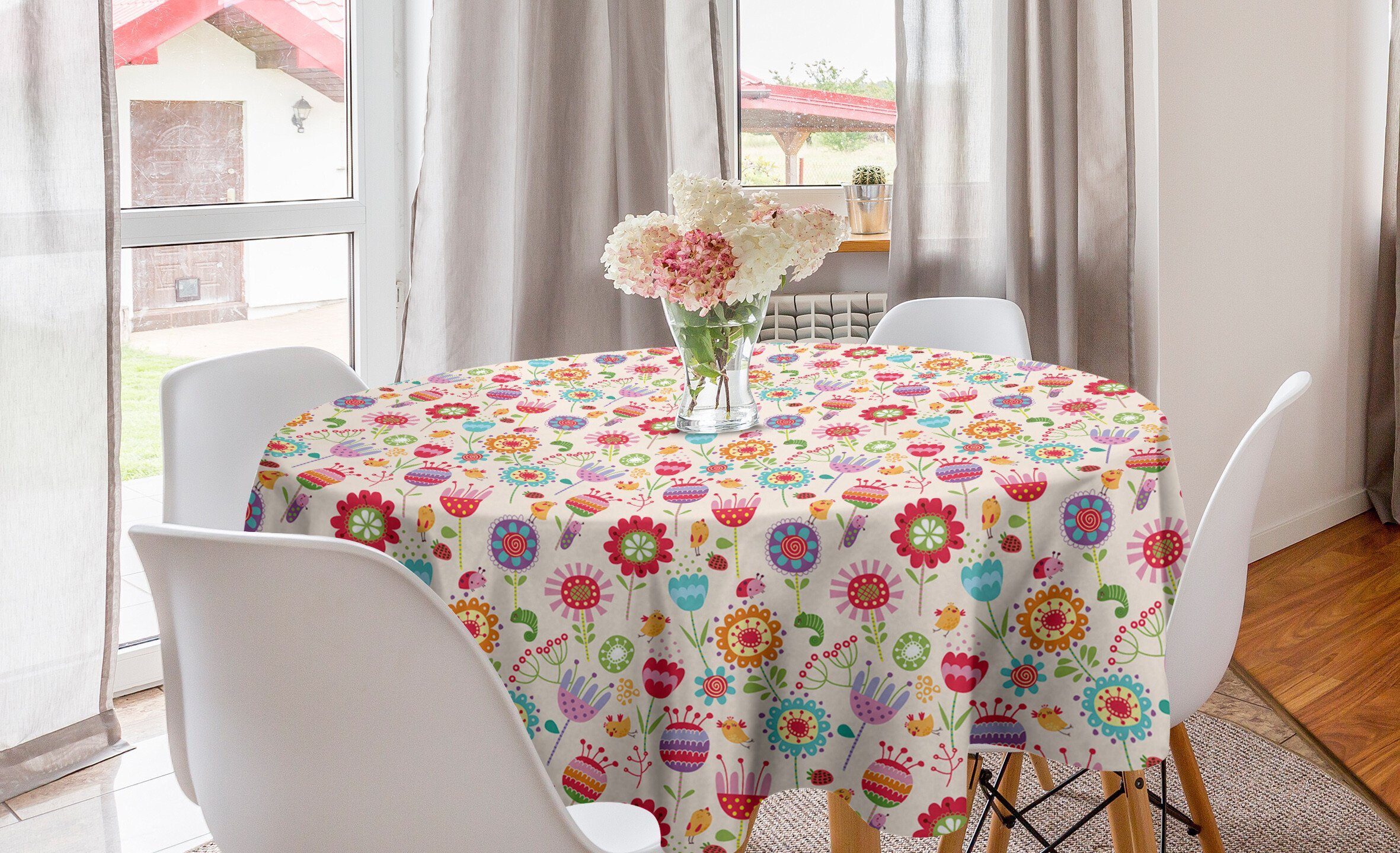 Tischdecke Vogel Strawberry Marienkäfer Blumen Küche für Kreis Dekoration, Abakuhaus Esszimmer Tischdecke Abdeckung