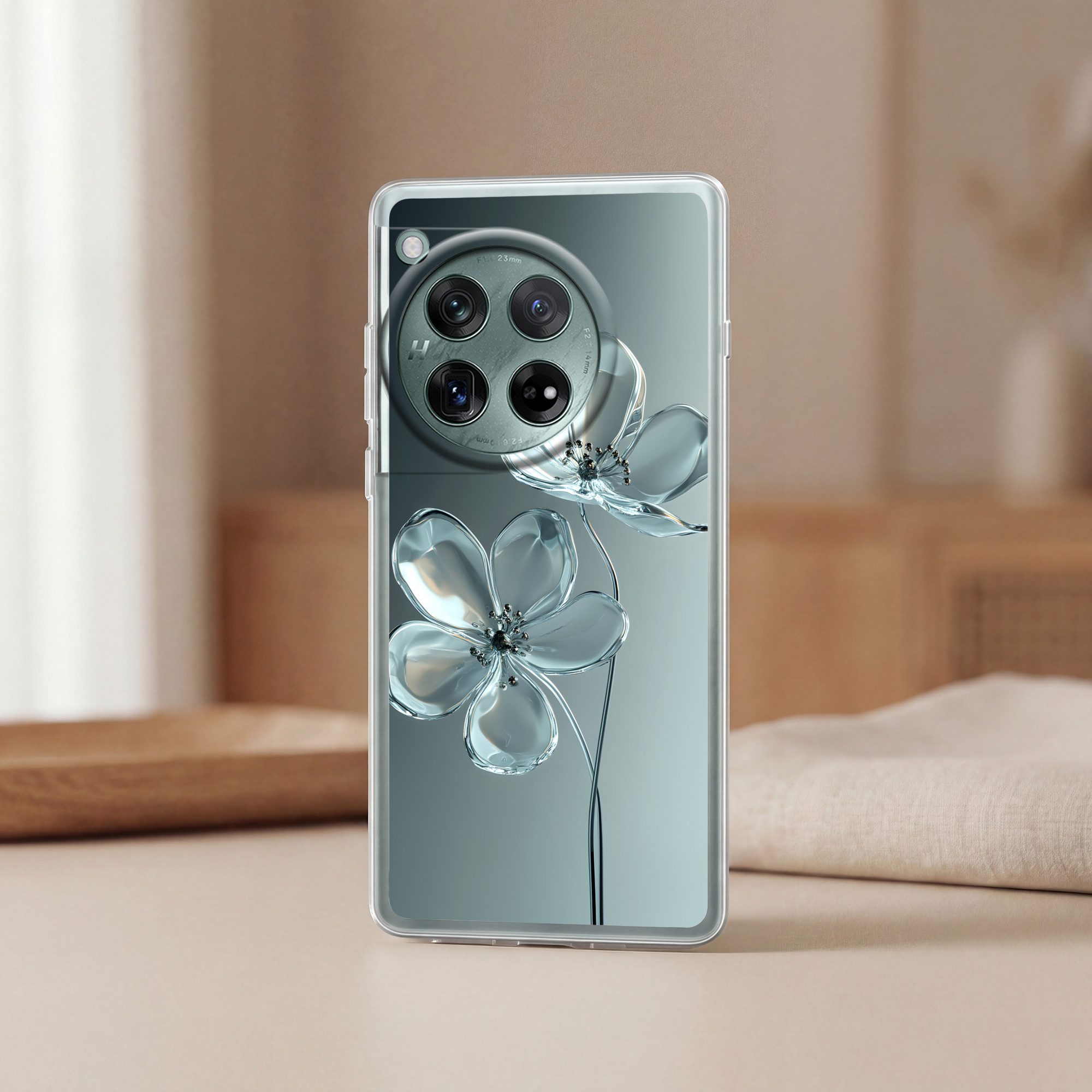 MuchoWow Handyhülle für OnePlus 12 Kristall - Blumen - Grau, Handy Case, Silikon, Bumper Case Dünn