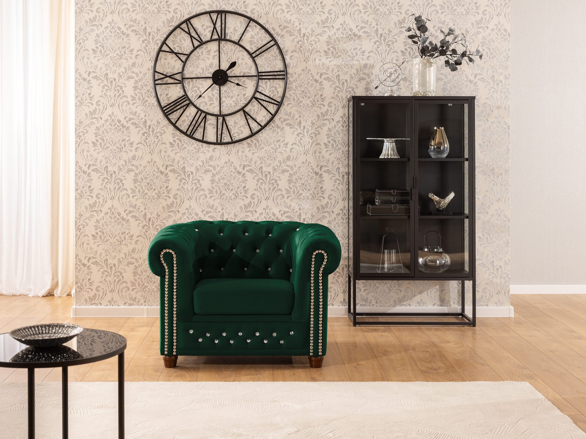 S-Style Möbel Chesterfield-Sessel Cleo Blink aus Samt mit Kristallsteppung und braunen Massivholzfüßen, mit Wellenfederung – Bild 5 von 5