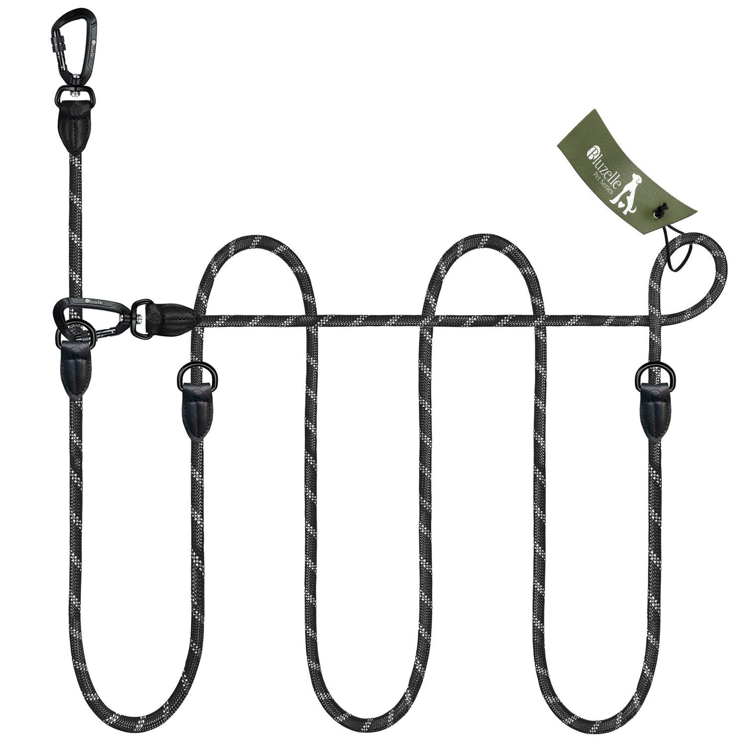 Bluzelle Führleine, Paracord Nylon Seil Tau Rund, Leder-Elemente / 2x Aluminium Karabiner, Hundeleine 3m Verstellbar - Große Hunde / Reflektierend / Umhängen