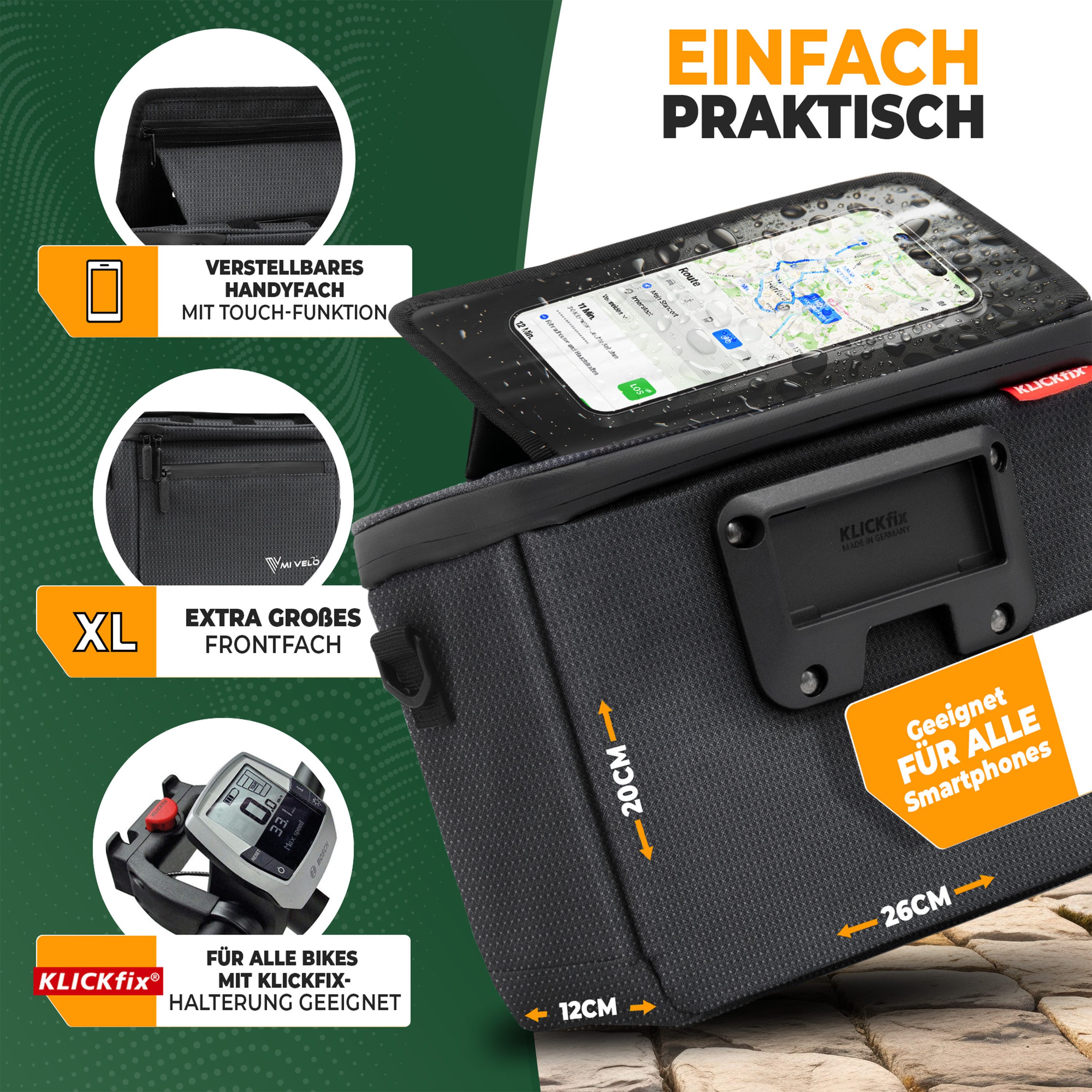 MIVELO Lenkertasche Fahrradtasche Lenker für KLICKfix, Fahrrad Tasche inkl. Handyfach, KLICKfix kompatibel