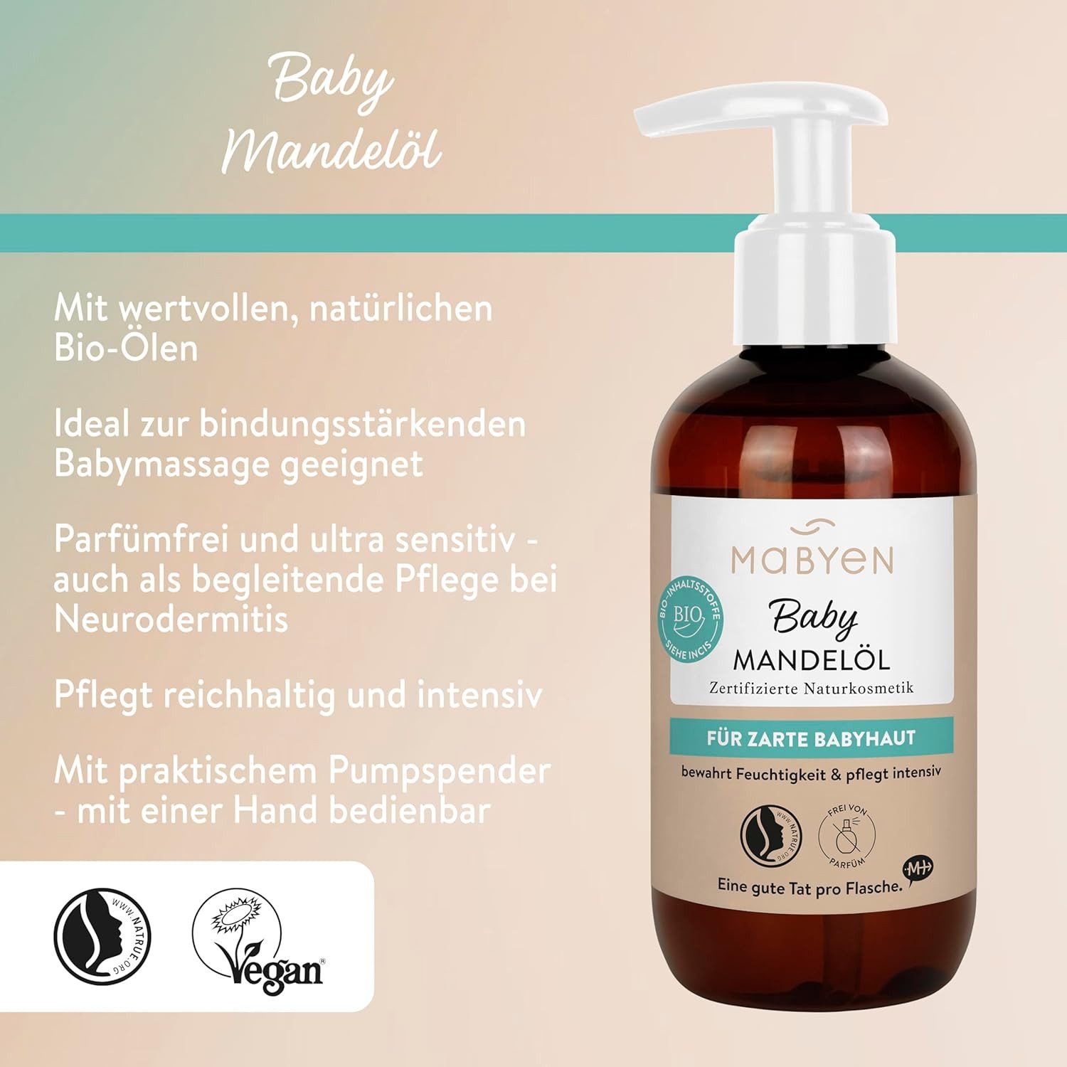 MABYEN Körperöl MABYEN Bio Baby Öl Mandel 200ml, Vegan, Parfümfrei, Naturkosmetik, 1-tlg., NATRUE-zertifiziert, parfümfrei, getestet & von Hebammen empfohlen