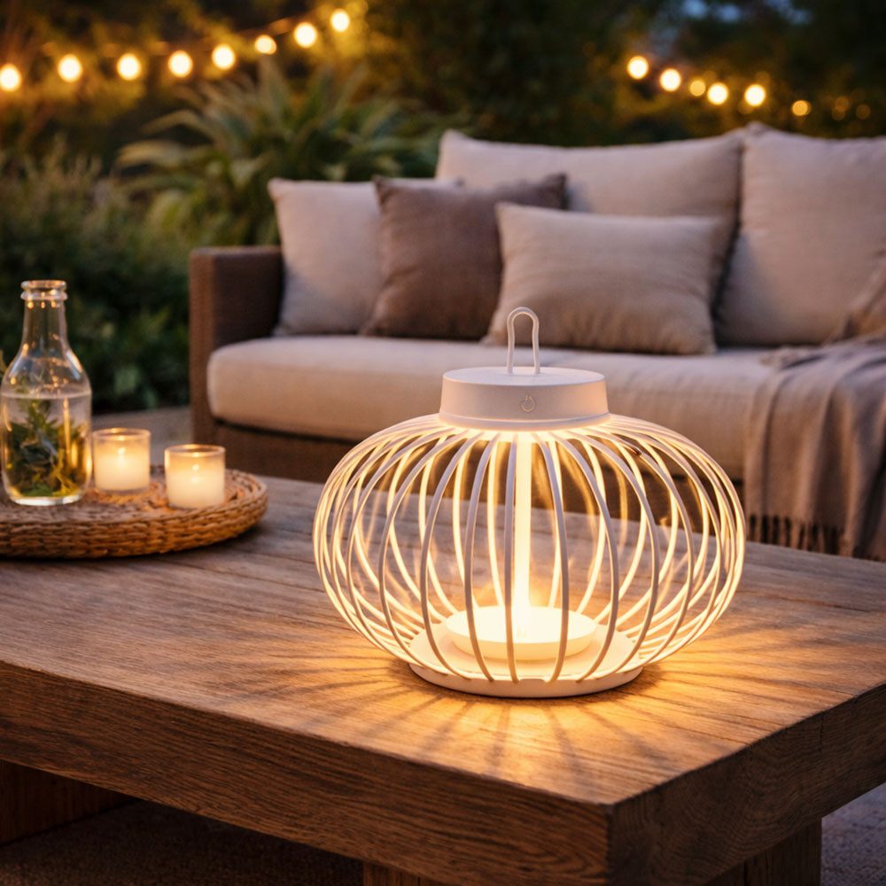 JUST LIGHT Außen-Tischleuchte, LED-Leuchtmittel fest verbaut, Warmweiß, LED Tischleuchte Pendellampe Akku Bambus greige USB Touchdimmer