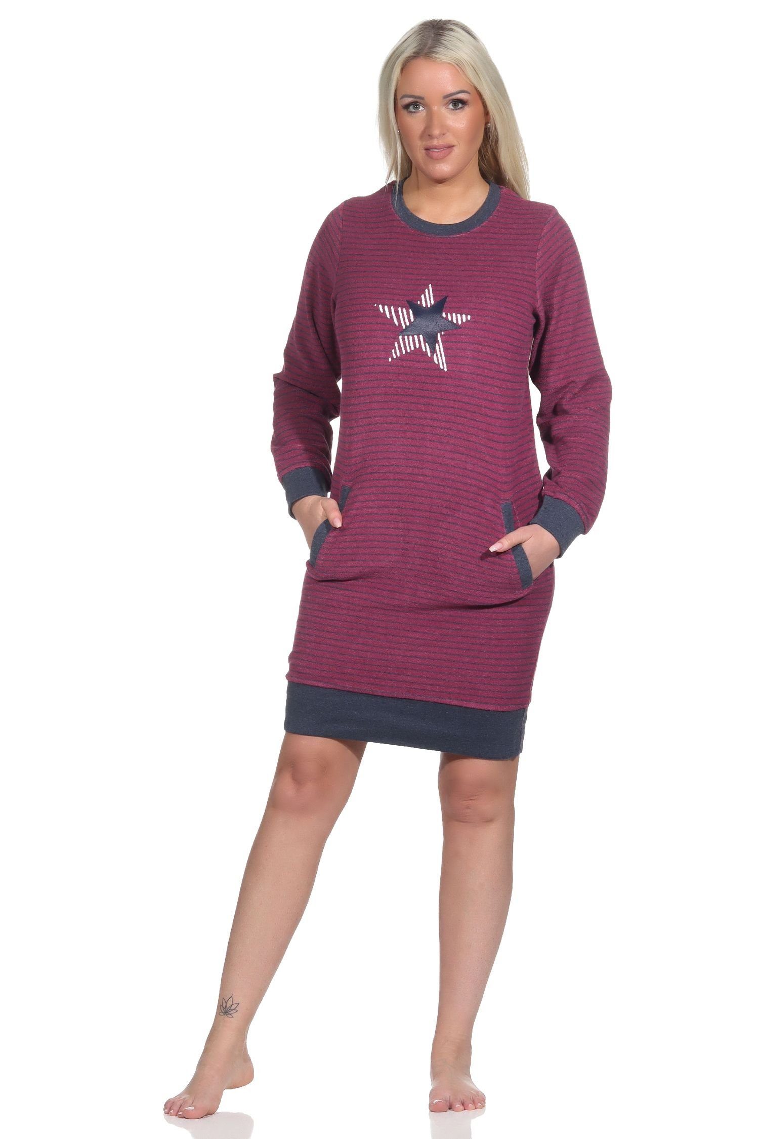 Normann Nachthemd Damen Frottee Nachthemd mit Bündchen in Streifenoptik + Sternenmotiv beere