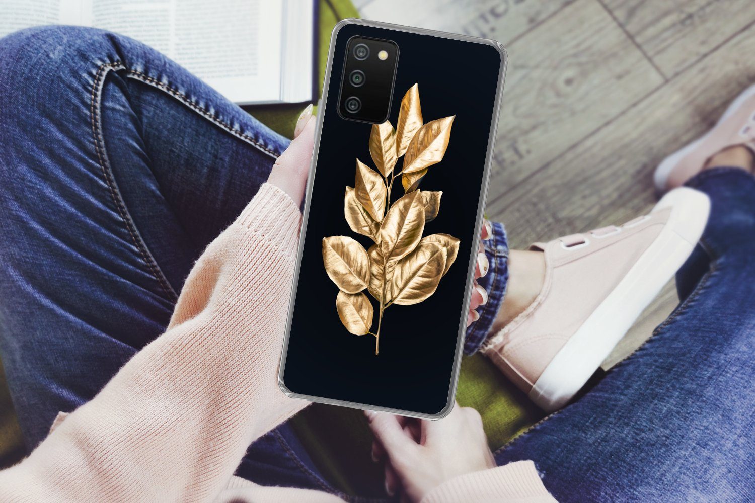 MuchoWow Handyhülle für Samsung Galaxy A03s Pflanze - Blätter - Gold - Schwarz - Luxus, Smartphone-Bumper, Print, Handy Schutzhülle Dünn