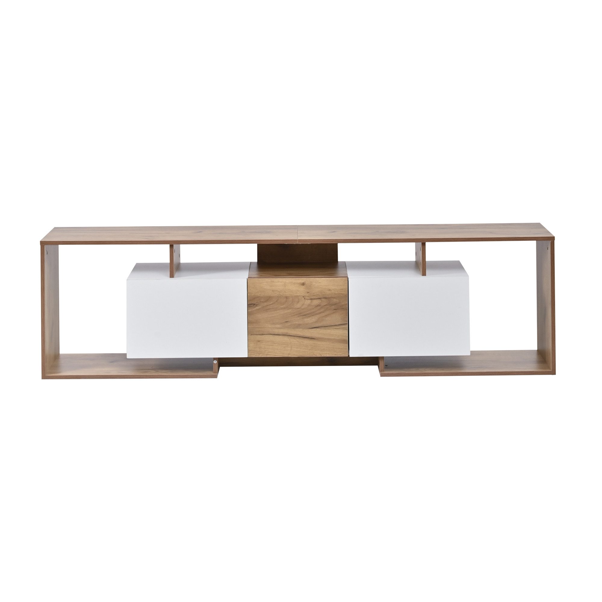 Merax Lowboard in Weiß & Naturholz, Push-to-Open, Fernsehschrank für TVs bis 85 Zoll (180 x 30 x 49 cm (L x B x H), 1 St), Fernsehschrank TV-Schrank mit 2 Klapptüren,1 Drehtür,3 offenen Fächern
